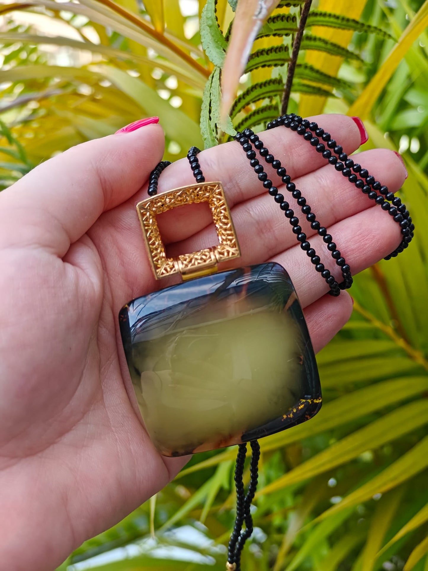 Huge Green Amber Necklace with Black Onyx Necklace and Gold Plated Frame