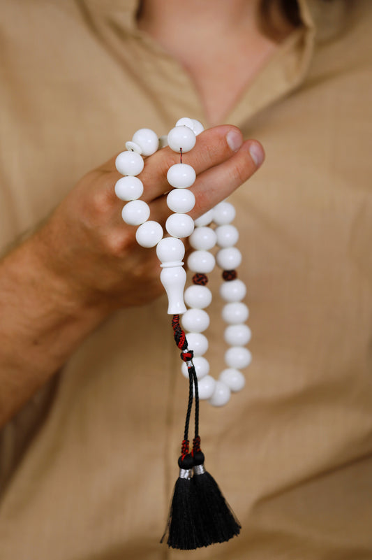 Rare White French Galalith Misbah – 33 Donut Beads