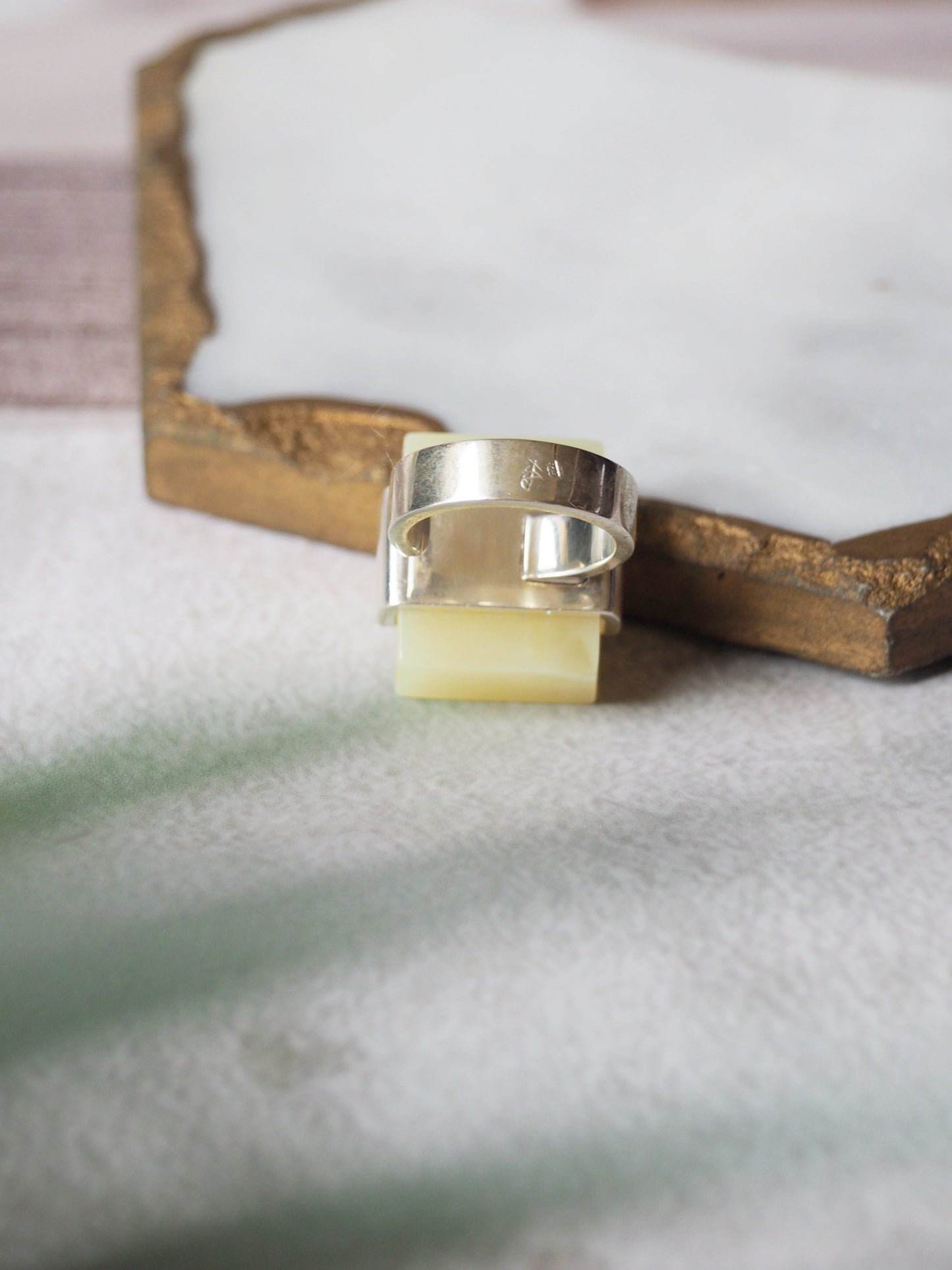 Natural Milk Rectangular Amber Silver Ring