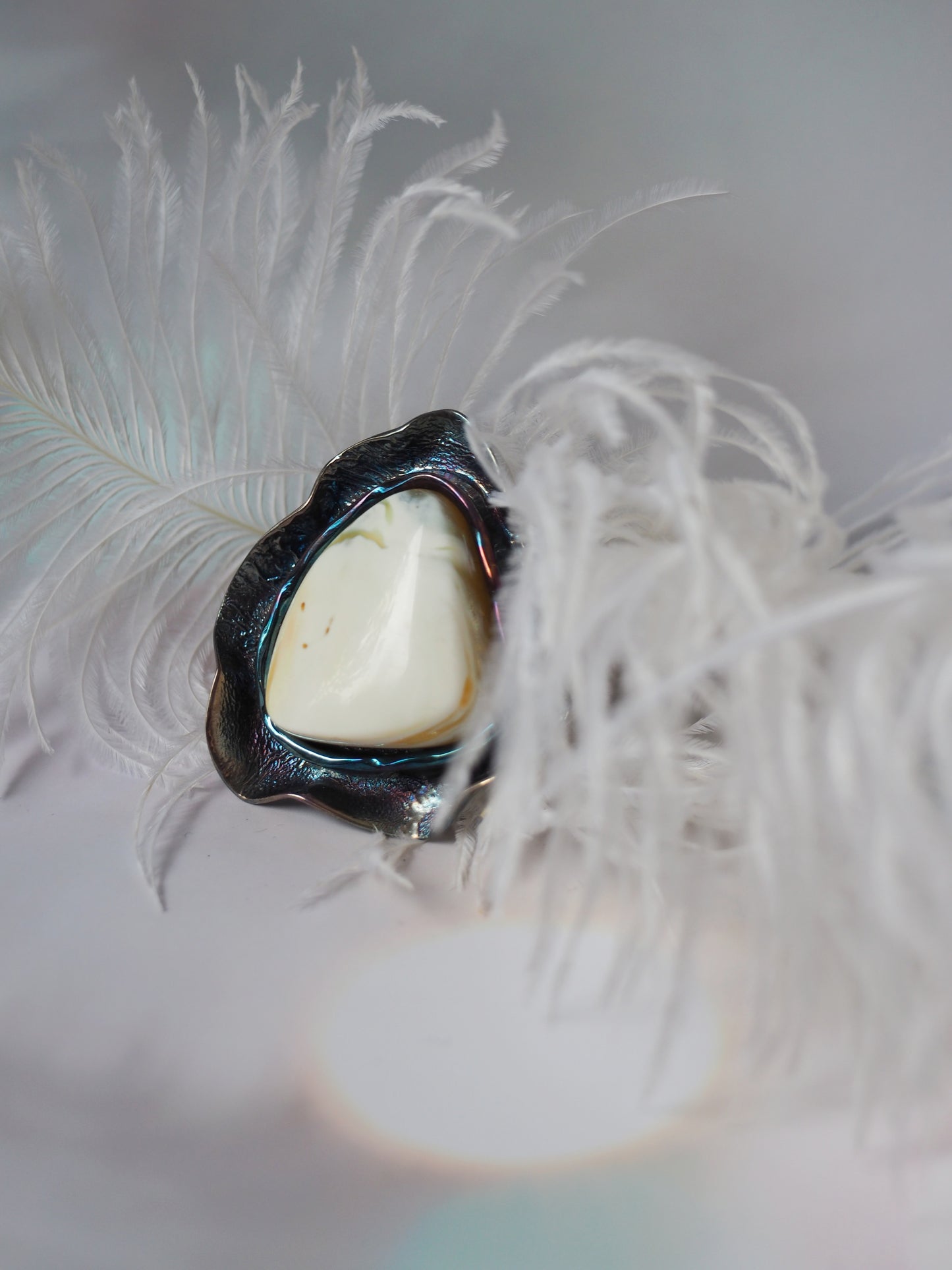 Pure Royal White Amber Ring with Oxidized Silver 925 with Blue Hue