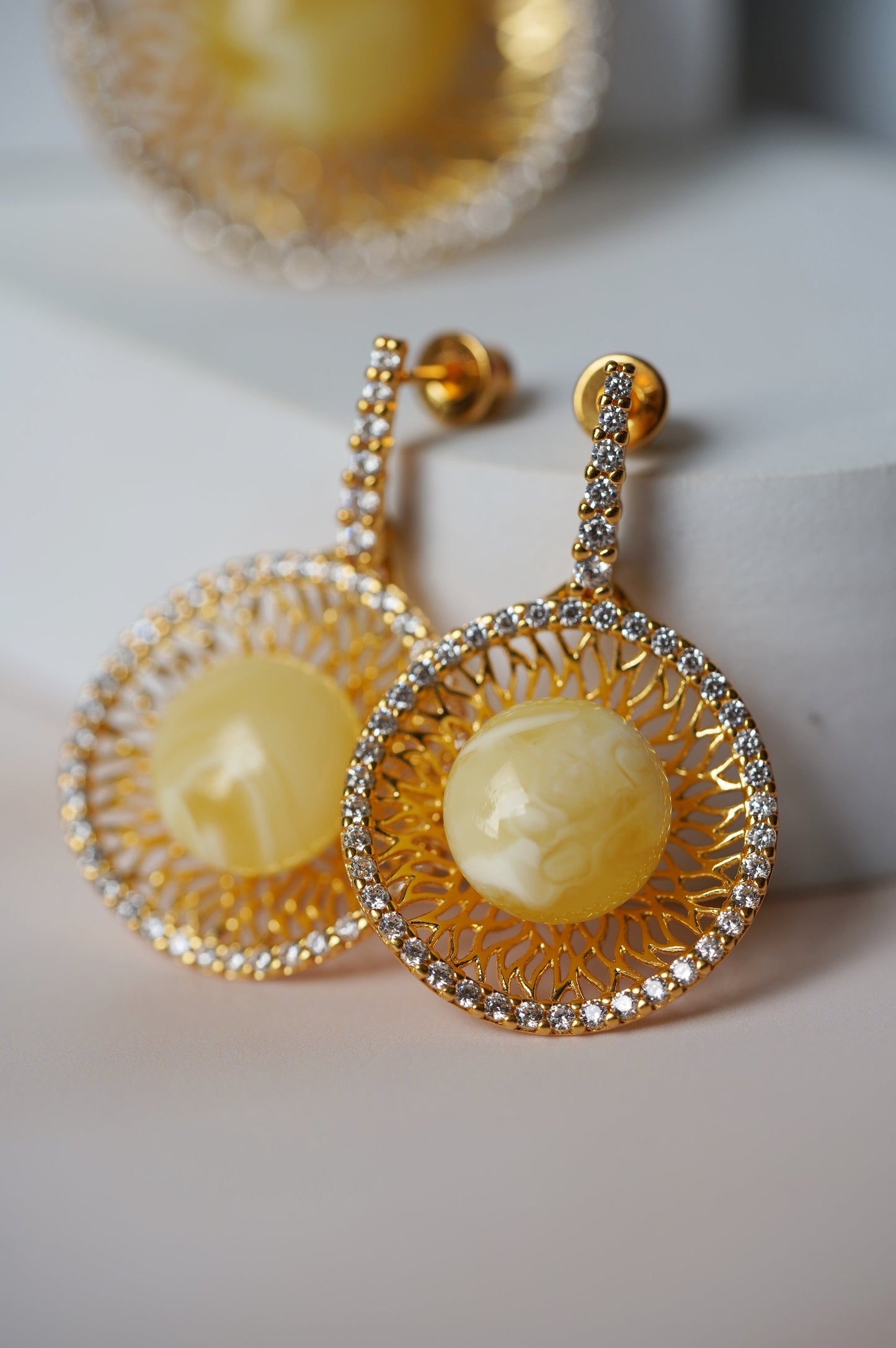 Supertree inspired Dangling Stud Earrings with Royal White Amber and Cubic Zirconias in Gold Plated Silver