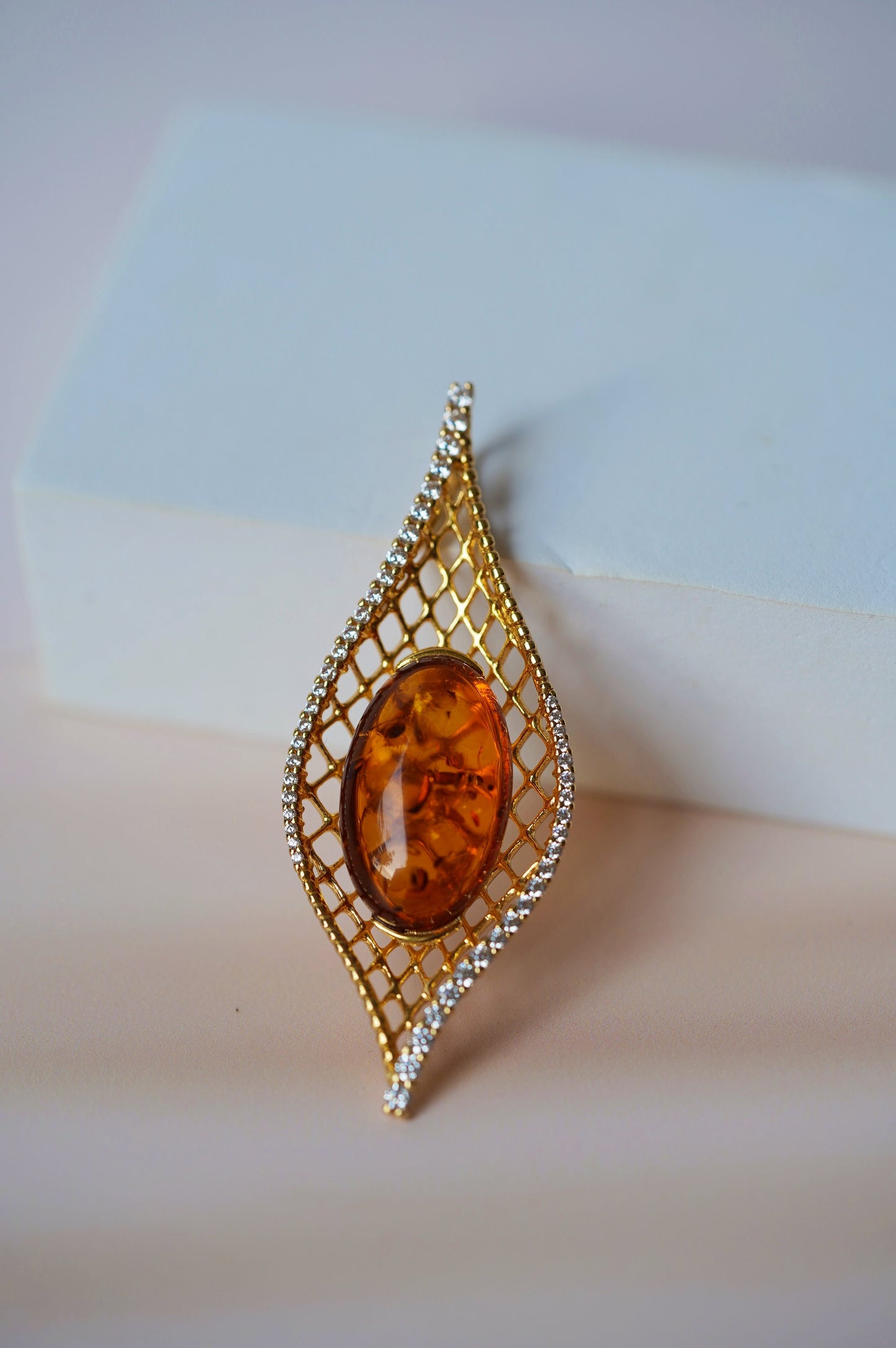 Marquise Shape Pendant with Natural Cognac Amber and Cubic Zirconias in Gold Plated Silver