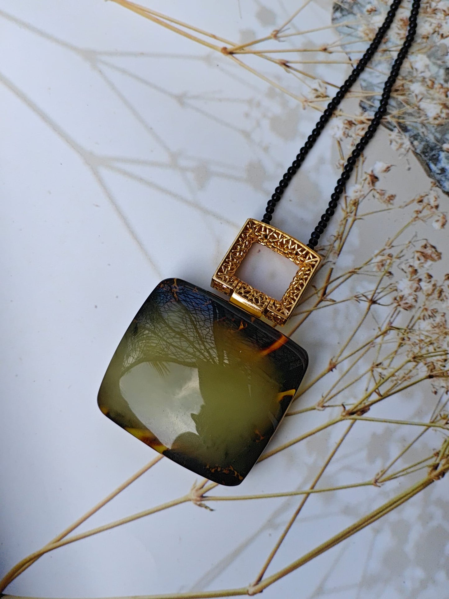 Huge Green Amber Necklace with Black Onyx Necklace and Gold Plated Frame