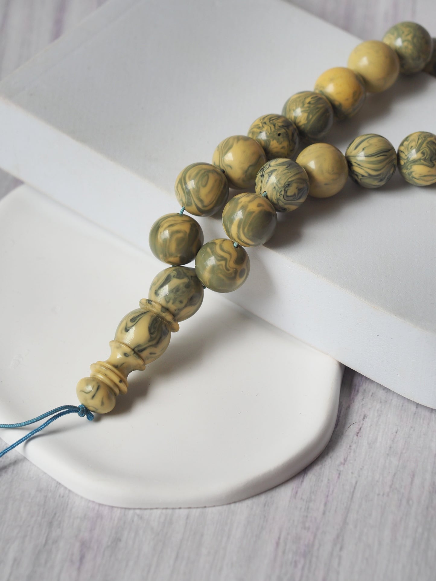 Vintage Milky Green "Chernobyl" Bakelite Misbah 33 Beads