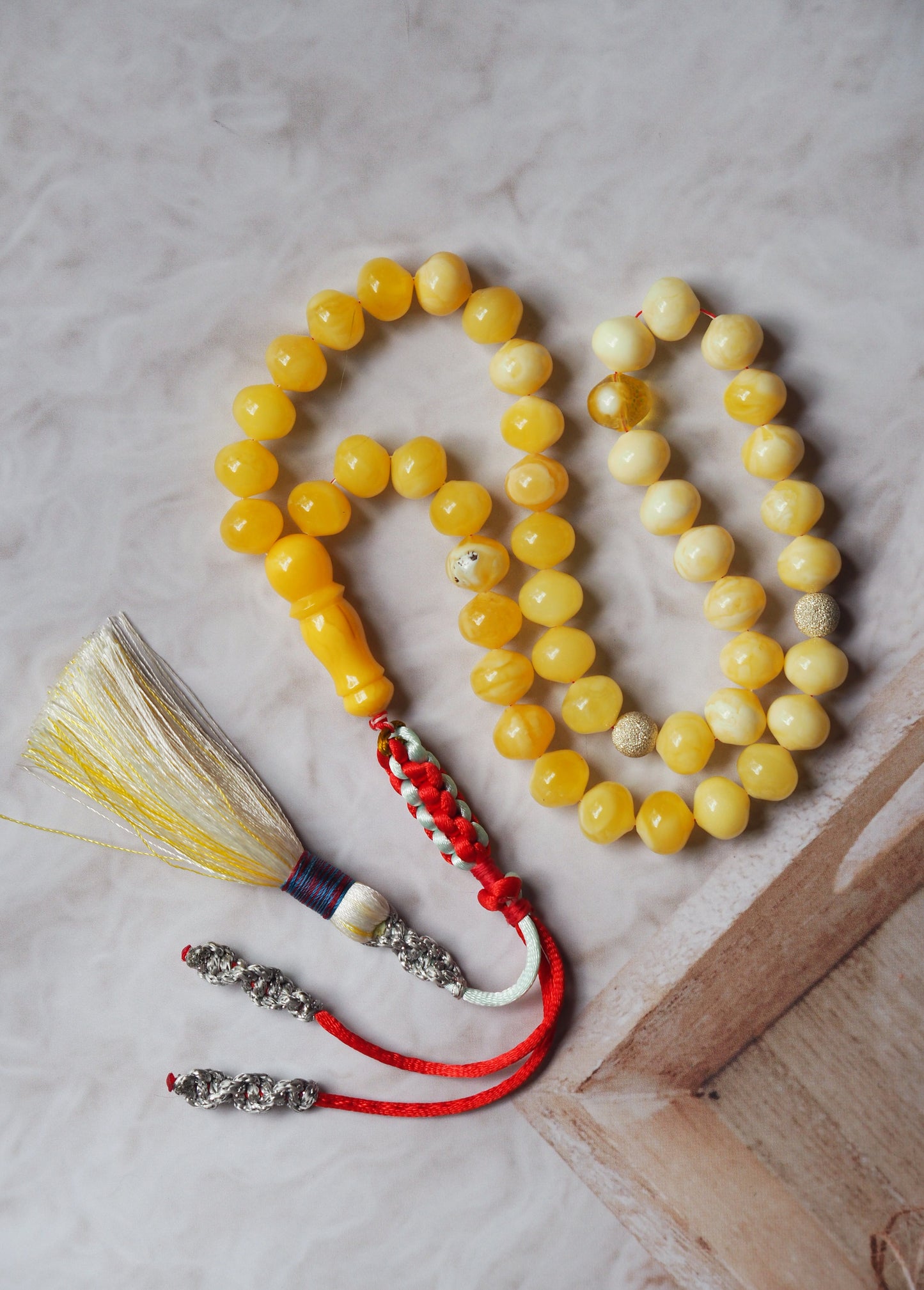 Royal White and Butterscotch Natural Amber Tasbih 45 Istanbul Shape Beads