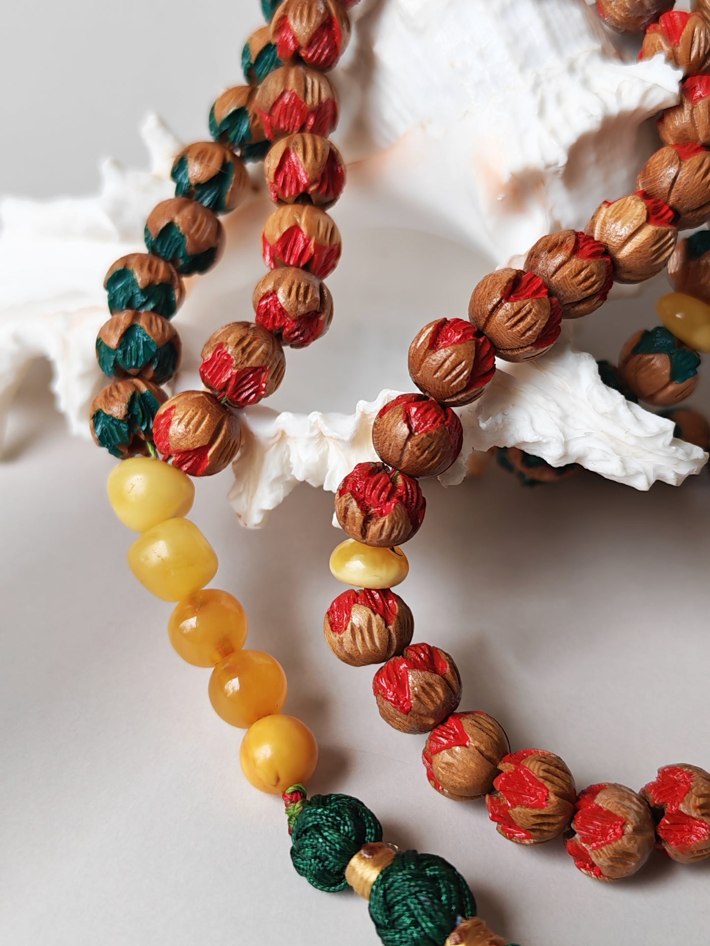 Handcarved Cherry Wood & Aged Butterscotch Amber Tasbih – 66 Beads