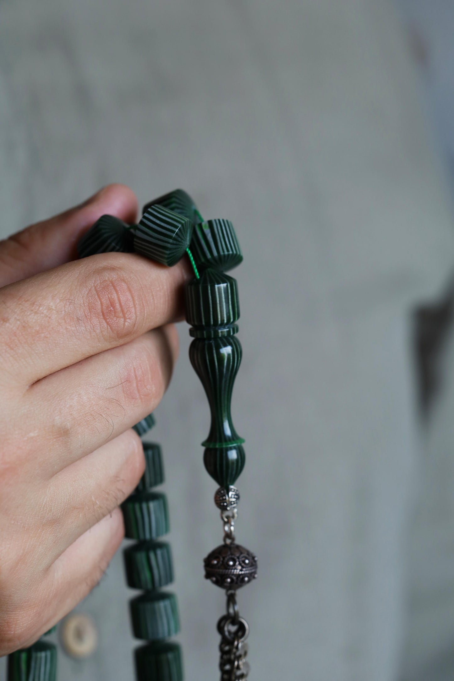 Dark Green 'Watermelon' Striped French Galalith Tasbih 37 Beads