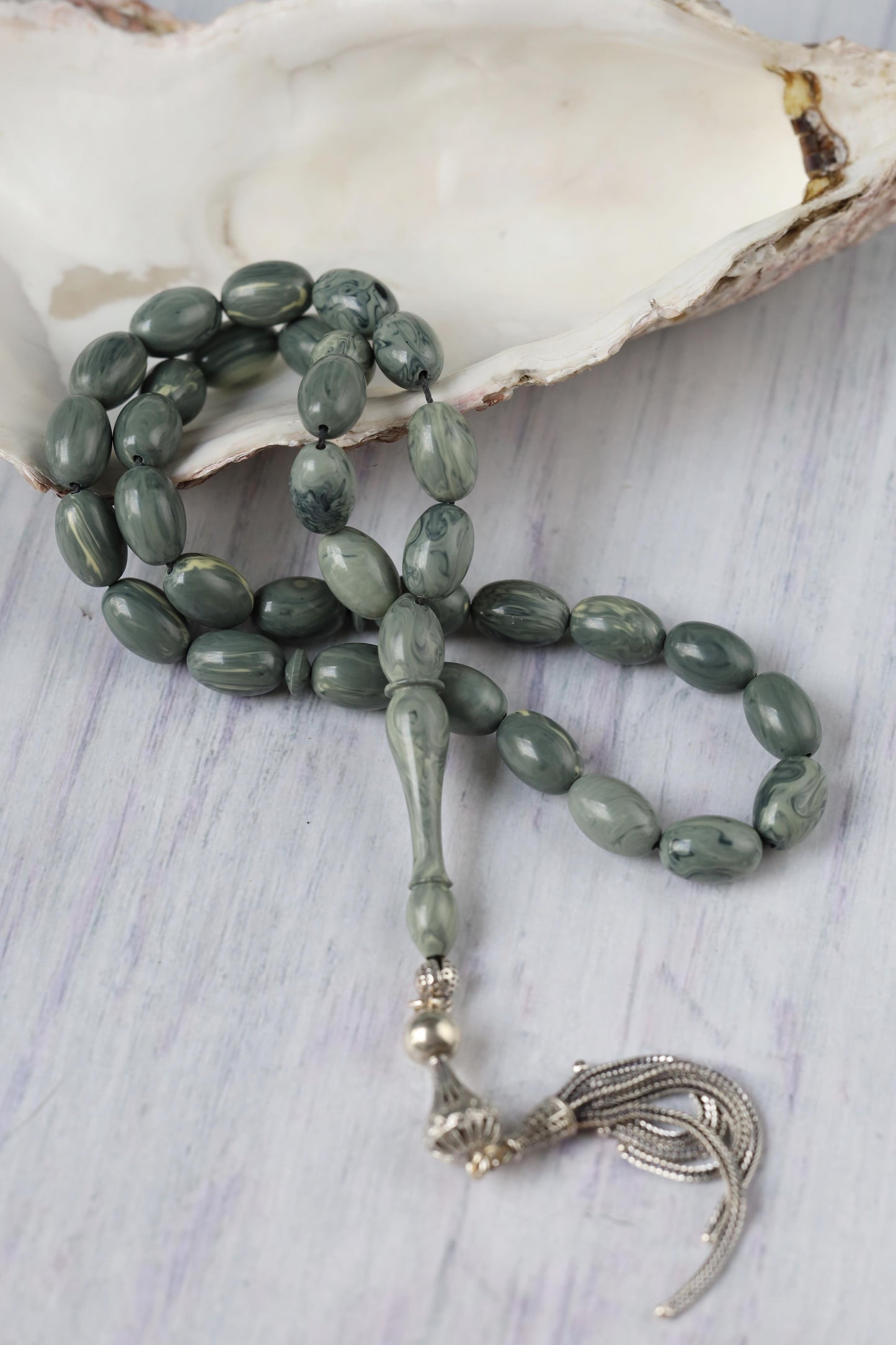 Cloudy Grey "Chernobyl" Bakelite Misbah 33 Beads