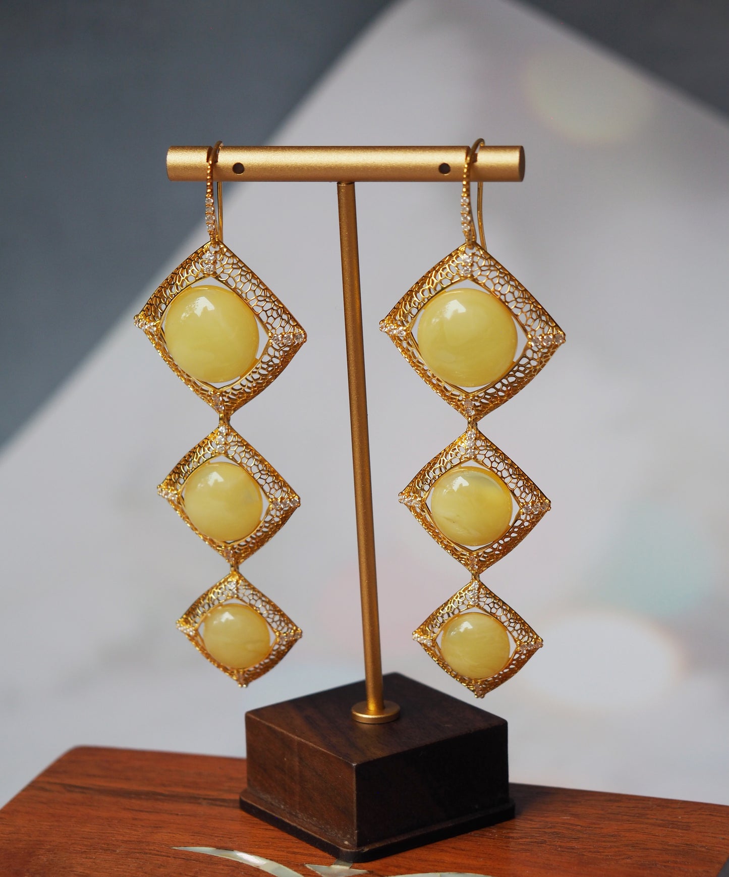 Butterscotch Amber Triple Square Dangling Earrings with Zirconia in Gold Plated Silver