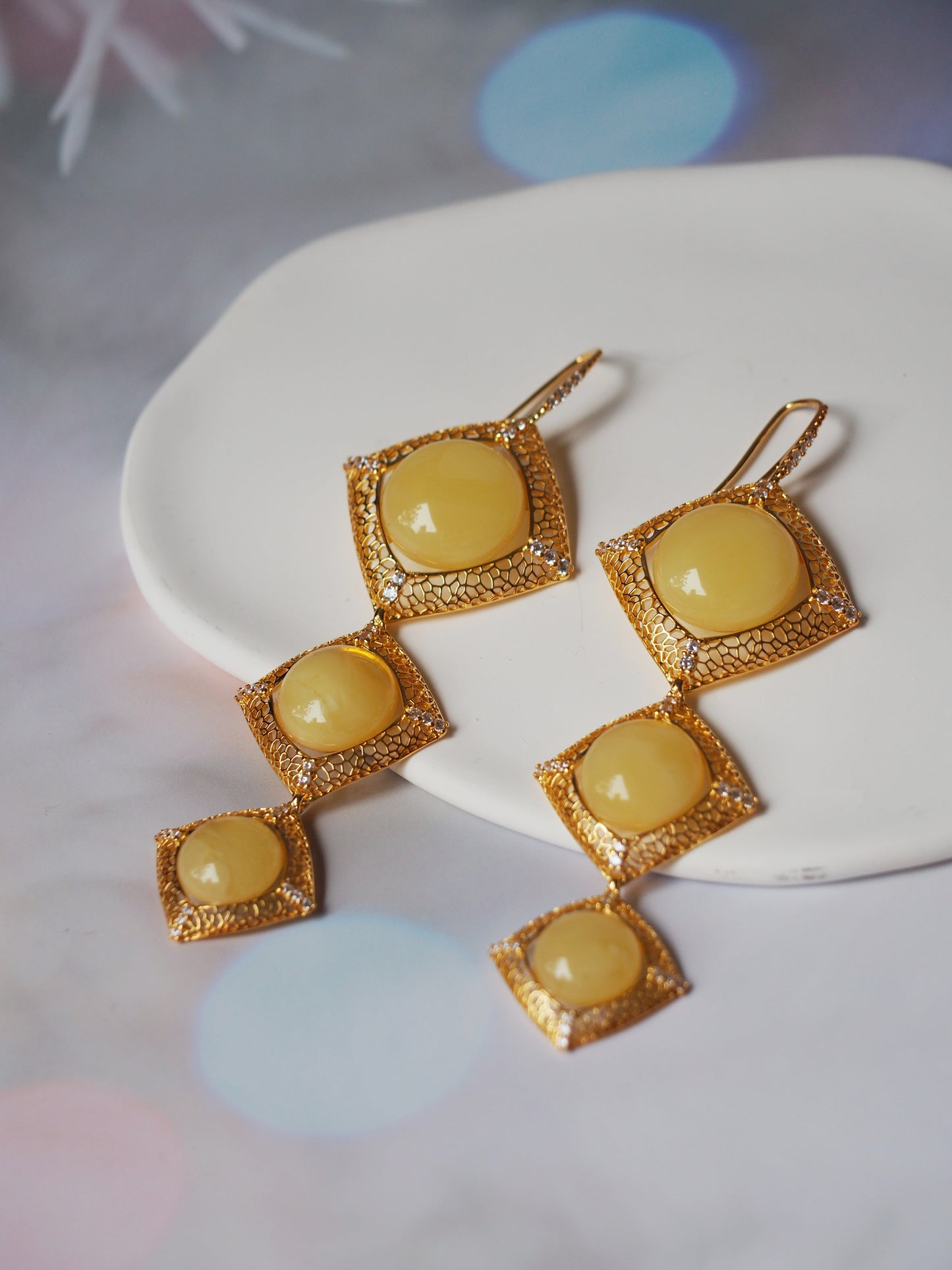 Butterscotch Amber Triple Square Dangling Earrings with Zirconia in Gold Plated Silver