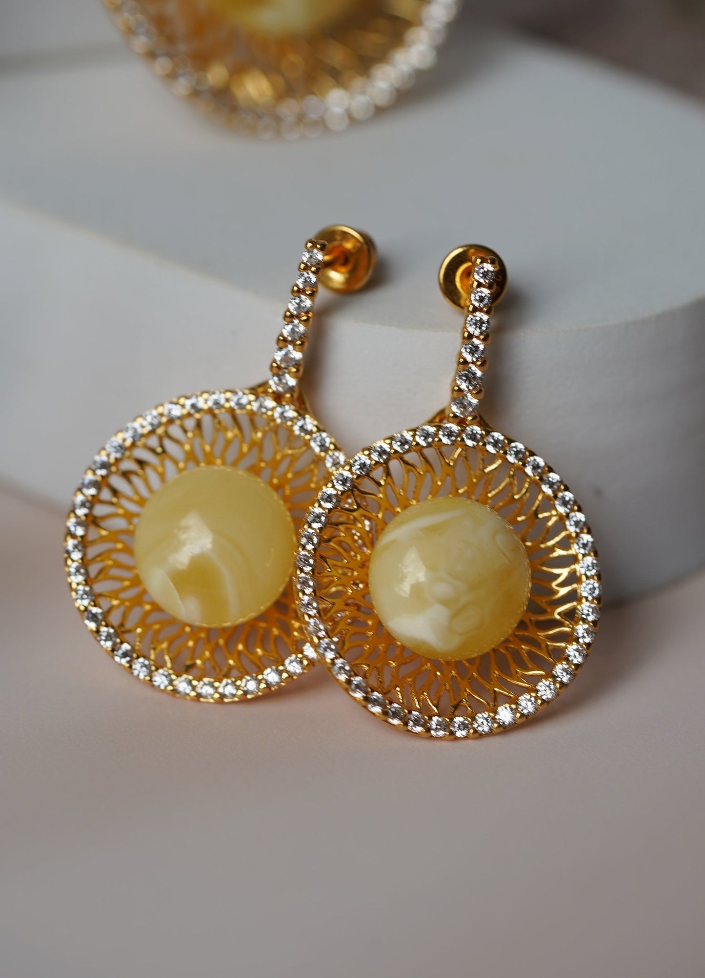 Supertree inspired Dangling Stud Earrings with Royal White Amber and Cubic Zirconias in Gold Plated Silver