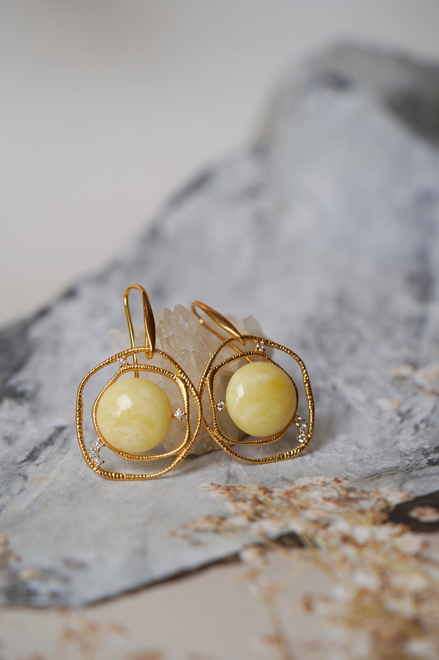 Delicate Round Irregular Royal White Amber Earrings with Cubic Zirconias in Gold Plated Silver