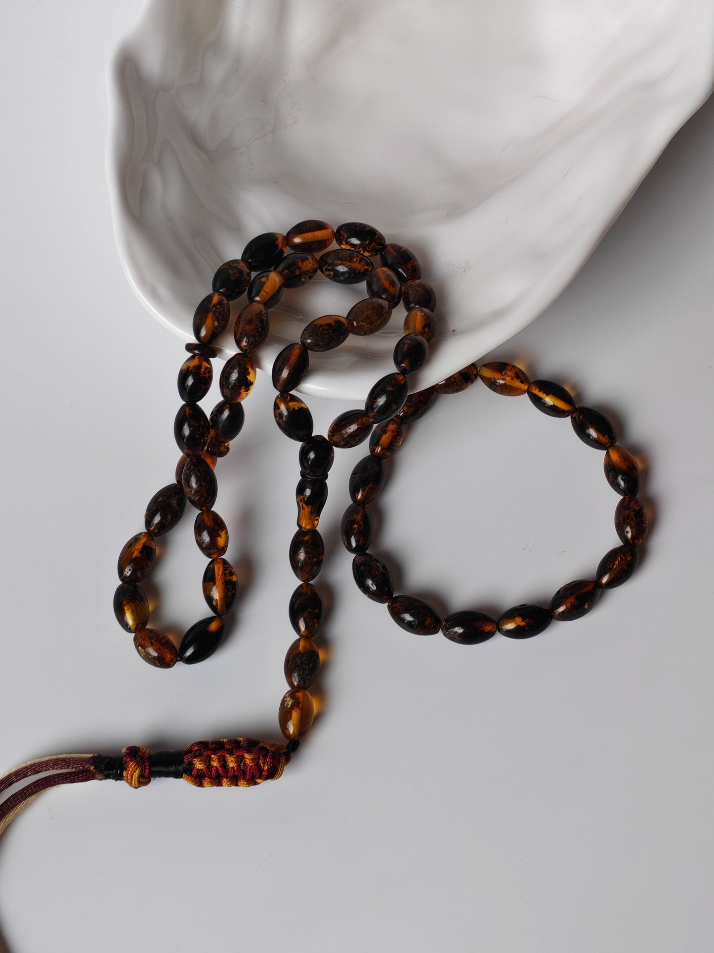 Dark Brown Sea Raw Amber Small Olive Shape Tasbih 33 Beads + Bracelet SET