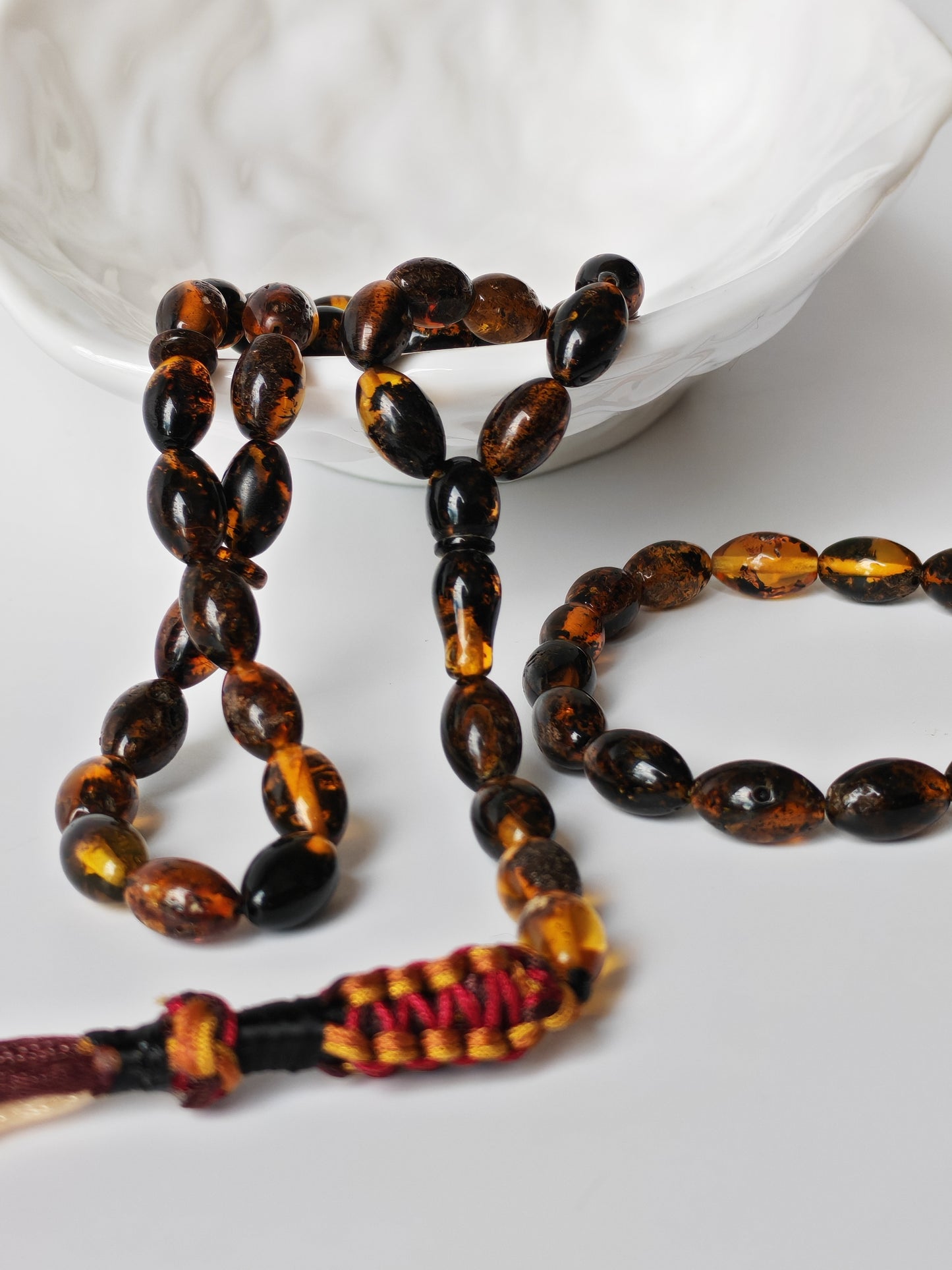 Dark Brown Sea Raw Amber Small Olive Shape Tasbih 33 Beads + Bracelet SET