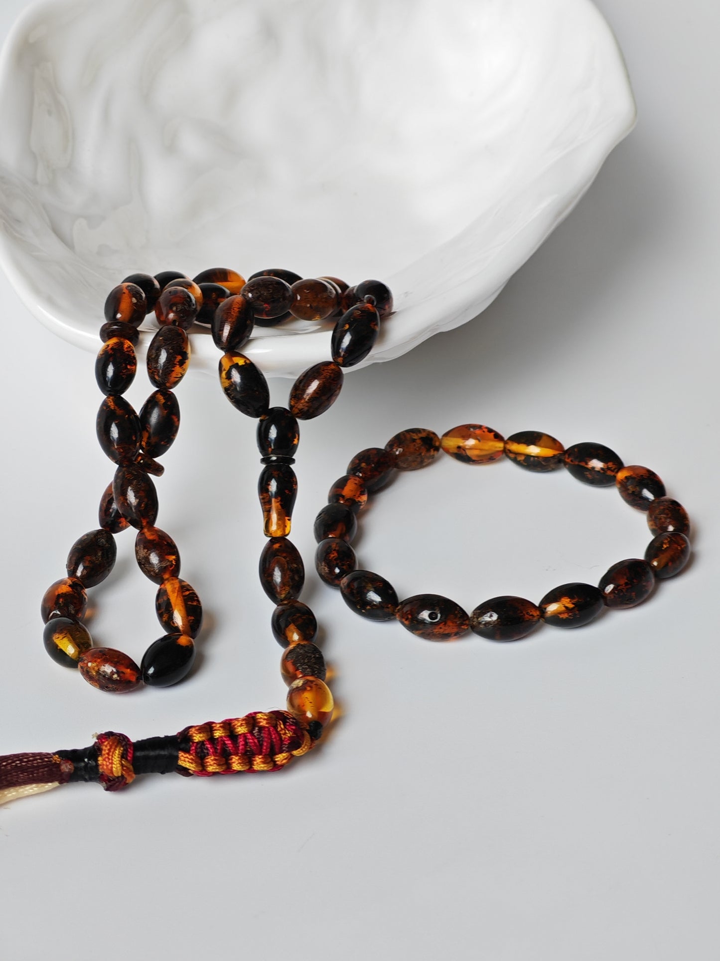 Dark Brown Sea Raw Amber Small Olive Shape Tasbih 33 Beads + Bracelet SET
