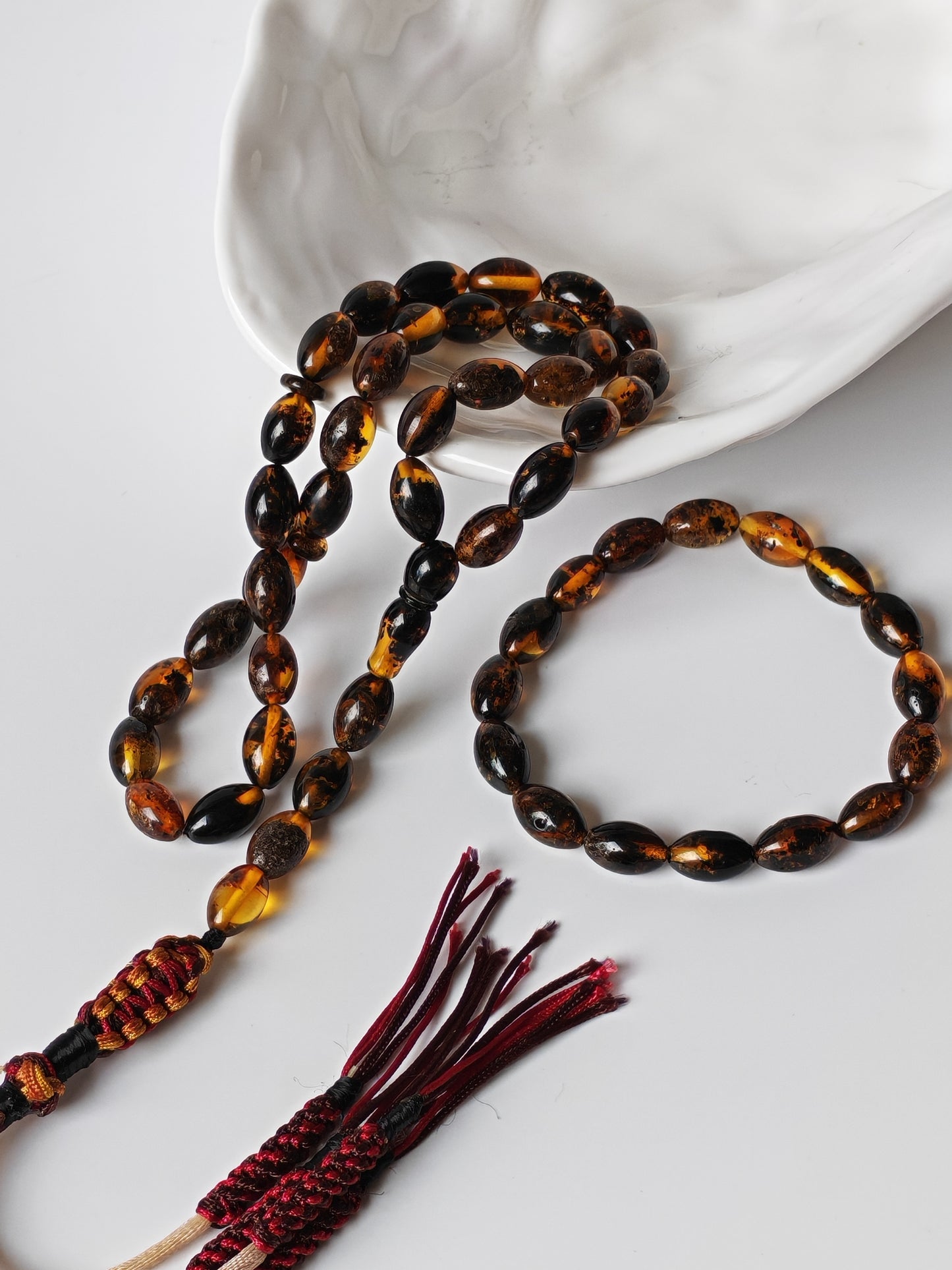 Dark Brown Sea Raw Amber Small Olive Shape Tasbih 33 Beads + Bracelet SET