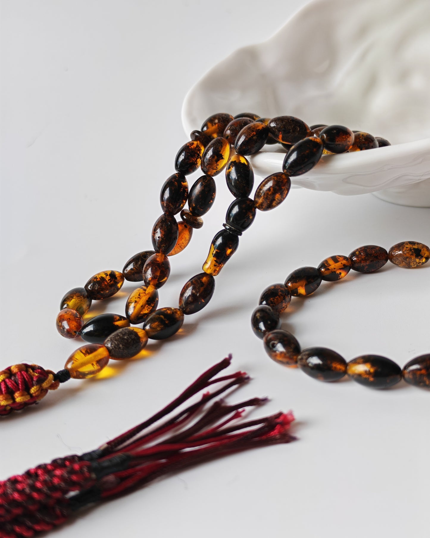 Dark Brown Sea Raw Amber Small Olive Shape Tasbih 33 Beads + Bracelet SET