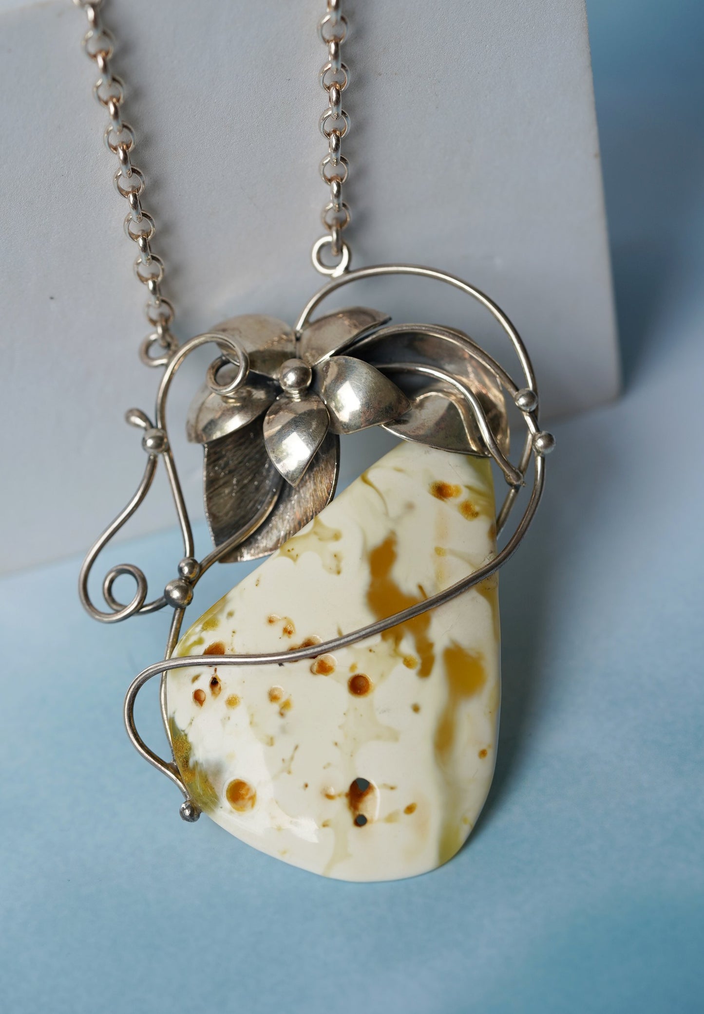 Large Royal White Triangle Raw Amber Pendant with Silver Frame, Chain and Flower