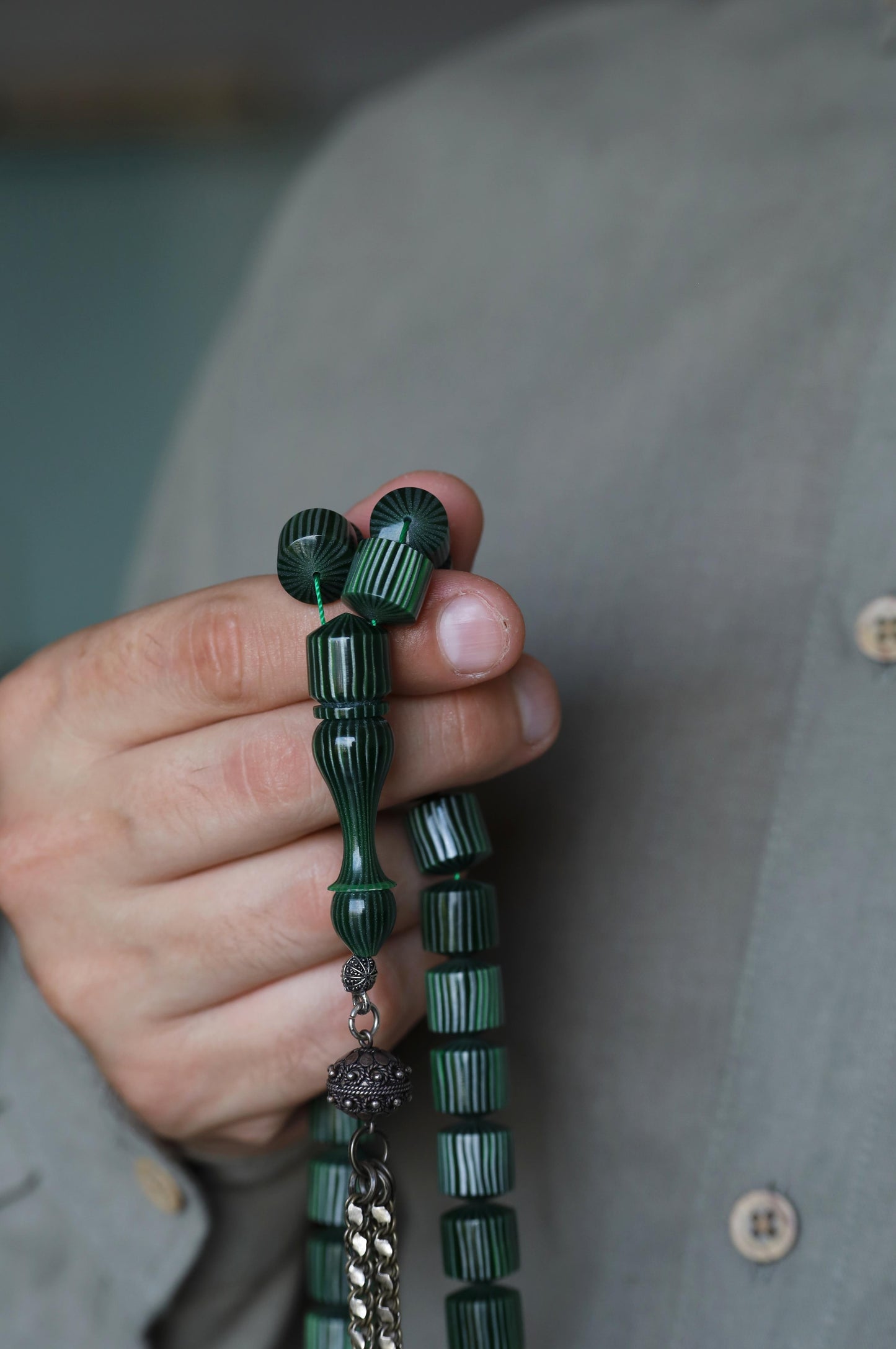 Dark Green 'Watermelon' Striped French Galalith Tasbih 37 Beads