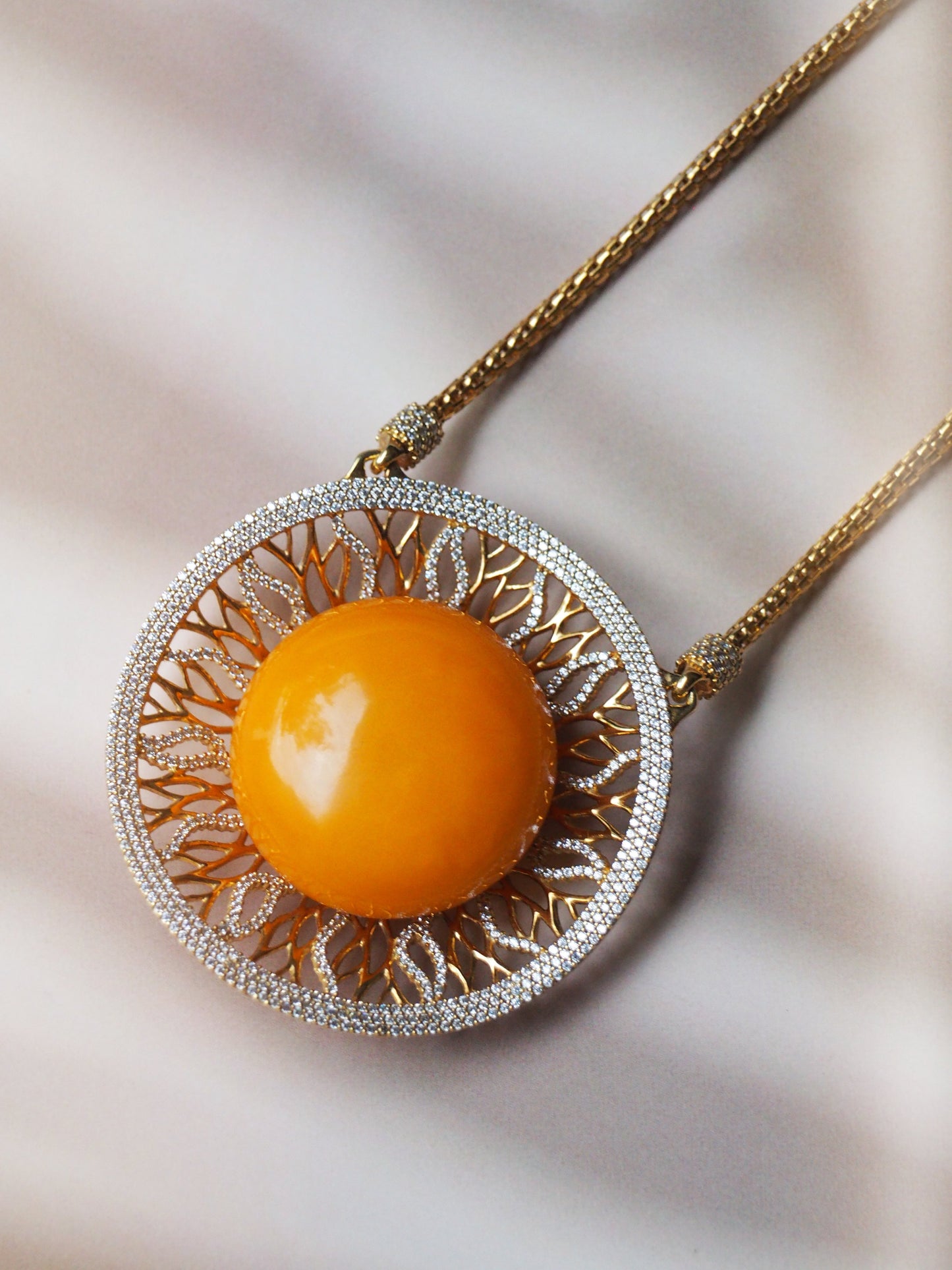 RUNWAY PIECE Unique Huge Supertree Inspired Honey Amber Pendant with Cubic Zirconias