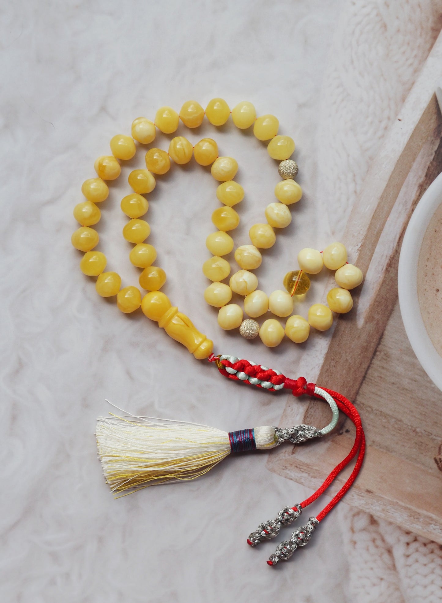 Royal White and Butterscotch Natural Amber Tasbih 45 Istanbul Shape Beads