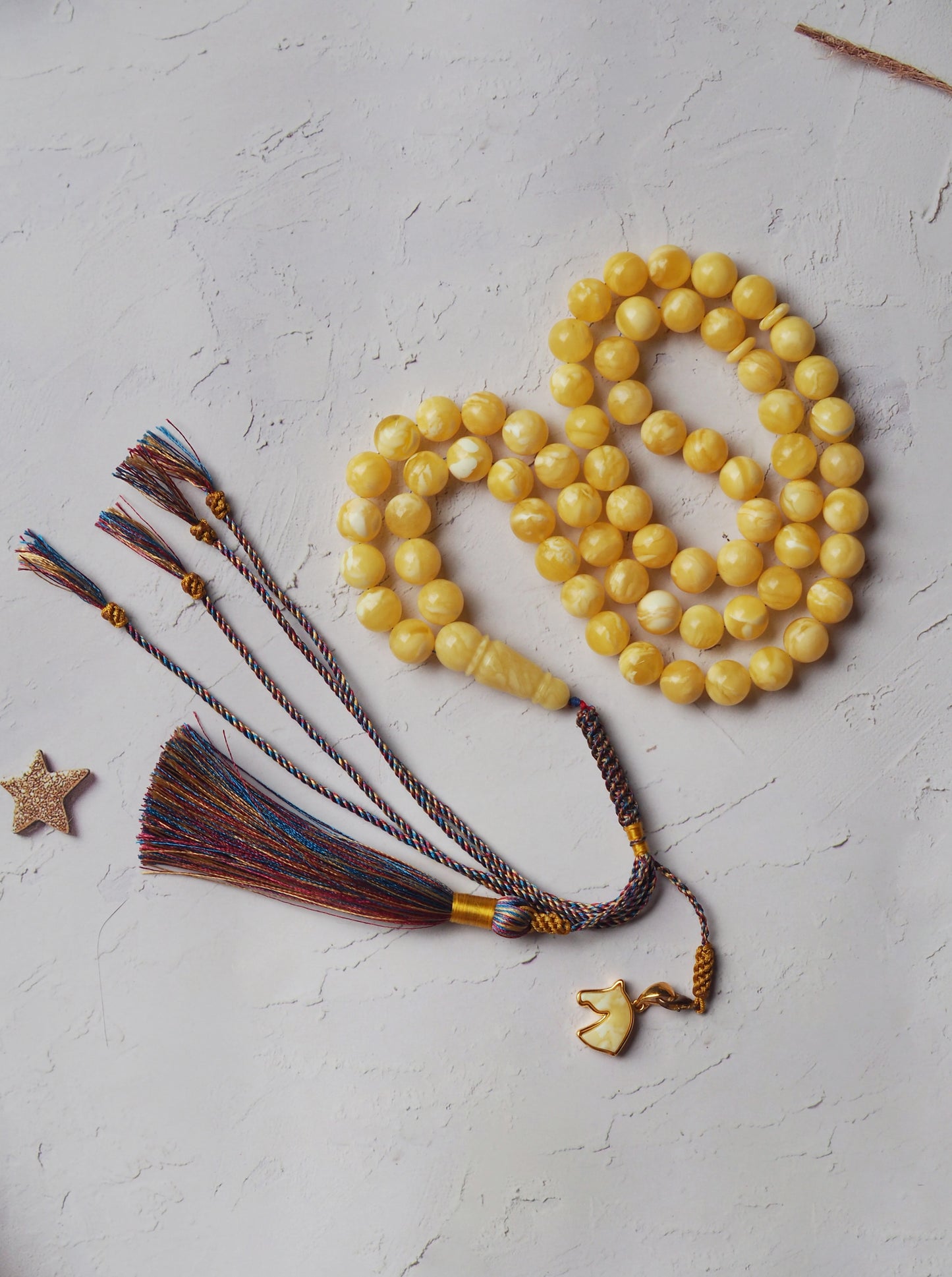 Newly Crafted Light Milk & Tiger Pattern Amber Tasbih – 66 Beads | 9.5 mm | with Horse Charm