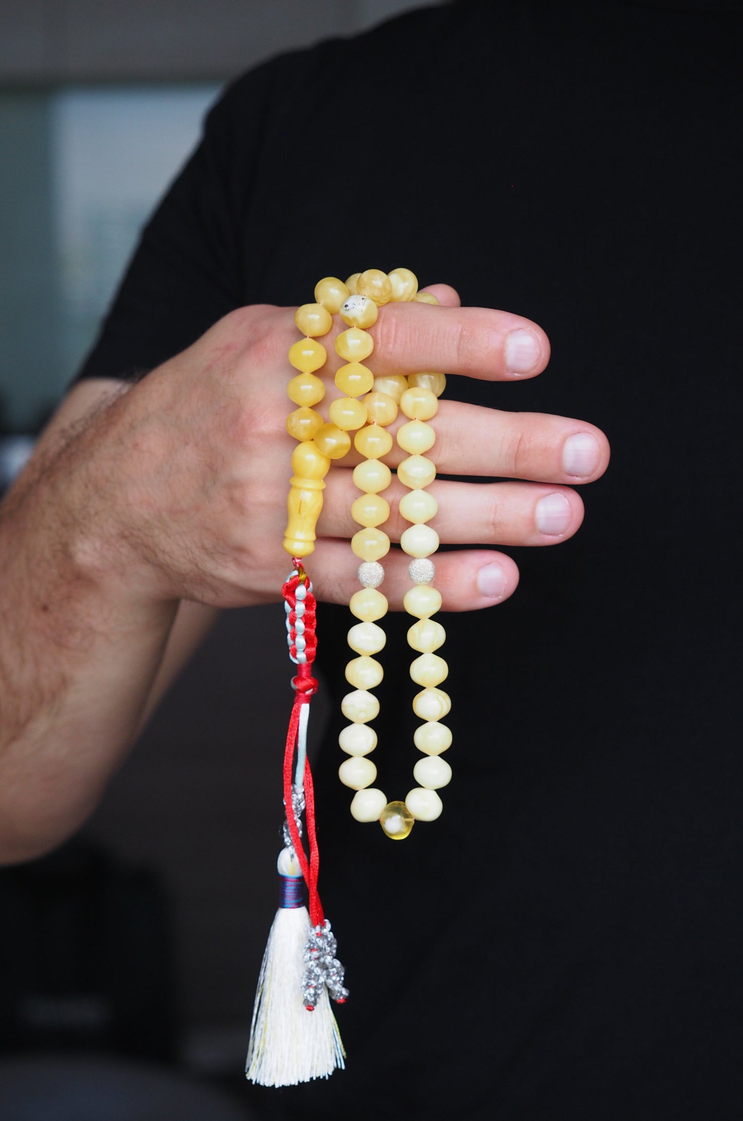 Royal White and Butterscotch Natural Amber Tasbih 45 Istanbul Shape Beads