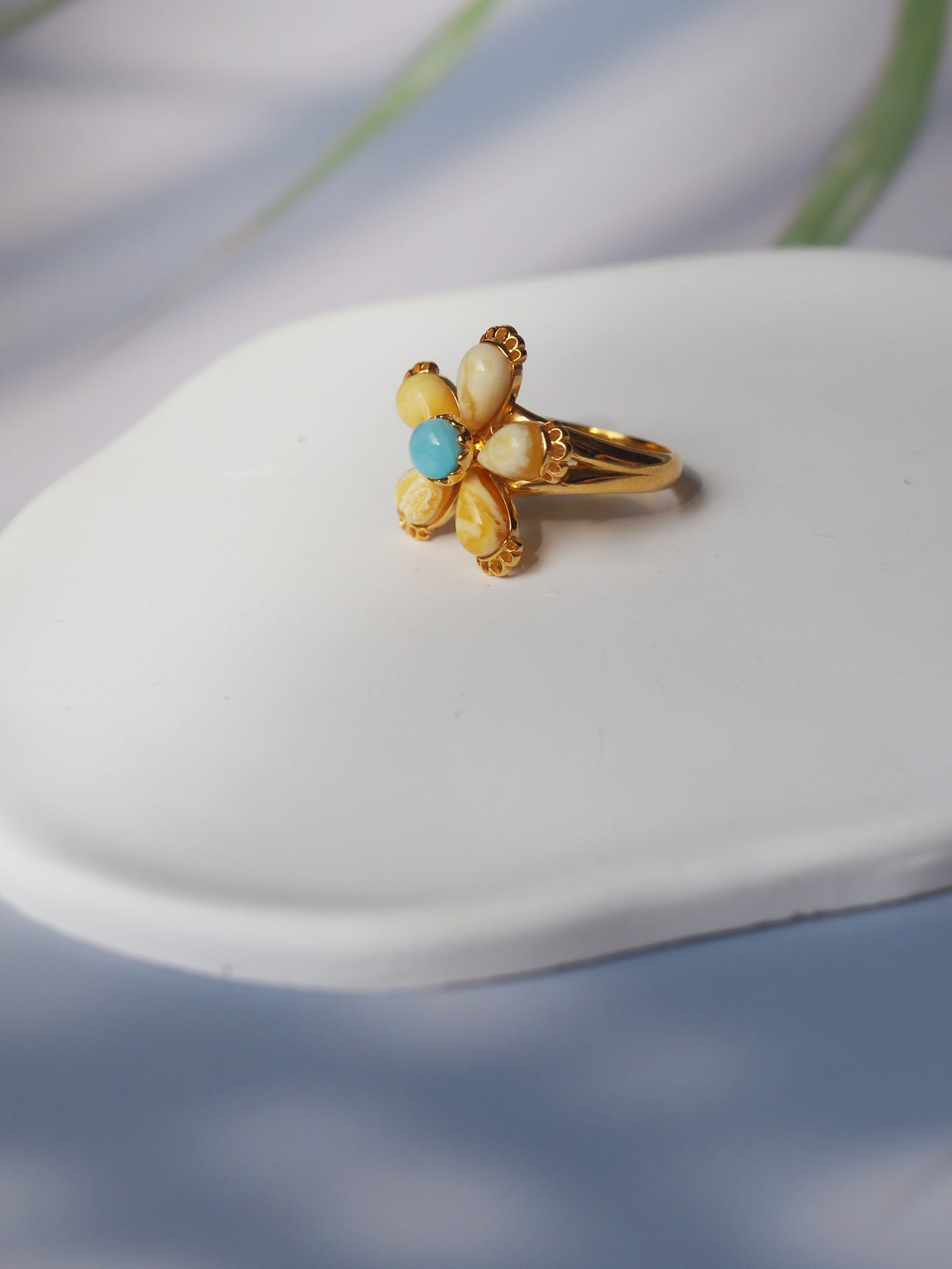 Royal White |Butterscotch Amber Flower Shape Ring with Larimar in Gold Plated Silver