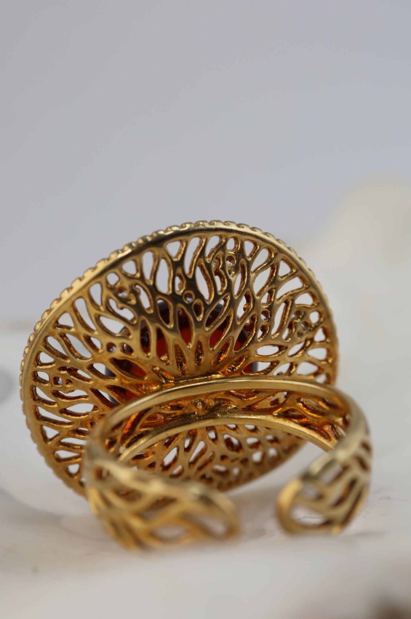 Supertree Ring with Cherry Amber and Cubic Zirconias in Gold Plated Silver