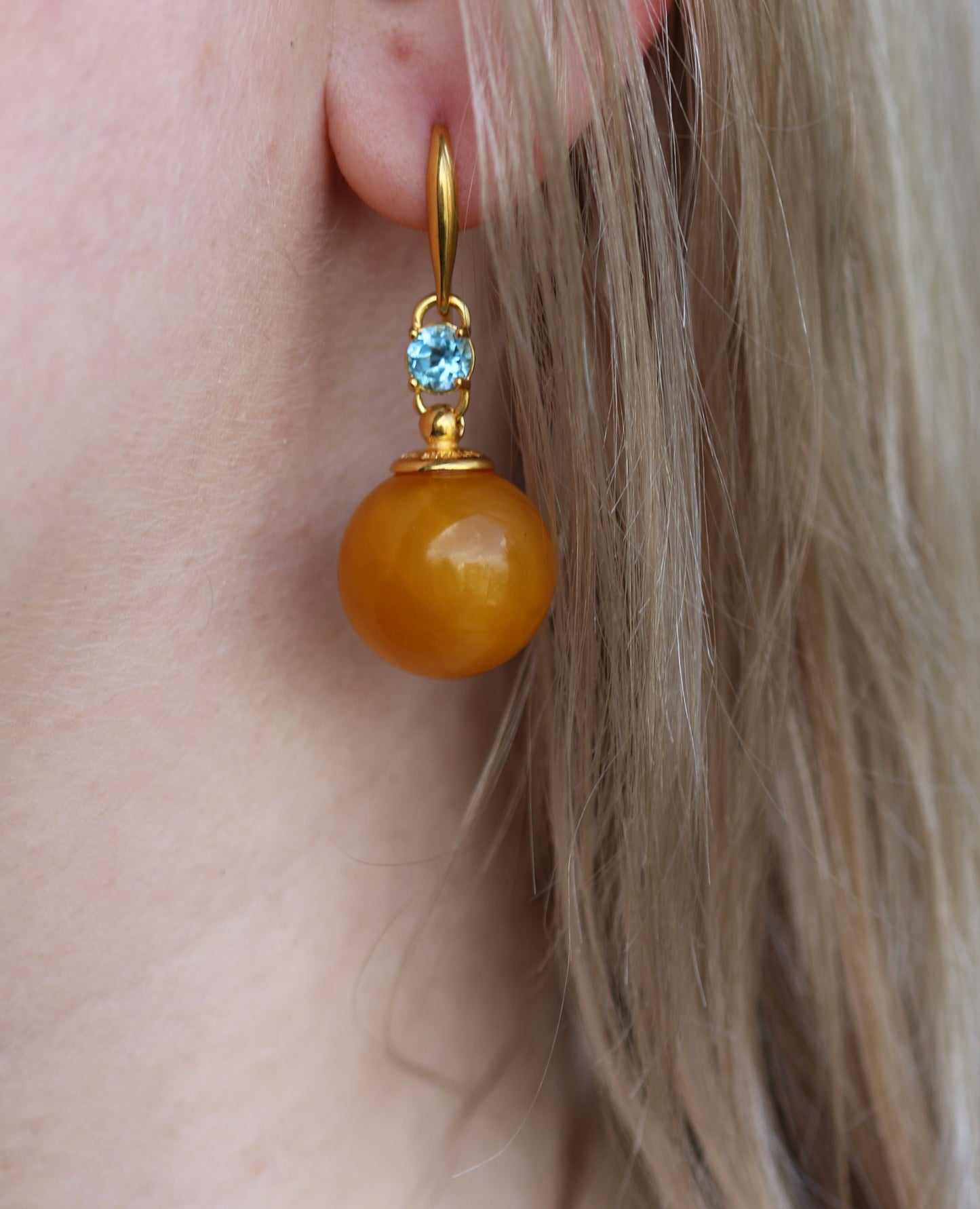 Big Round Old German Dangling Earrings with Faceted Blue Topaz and Gold Plated Silver