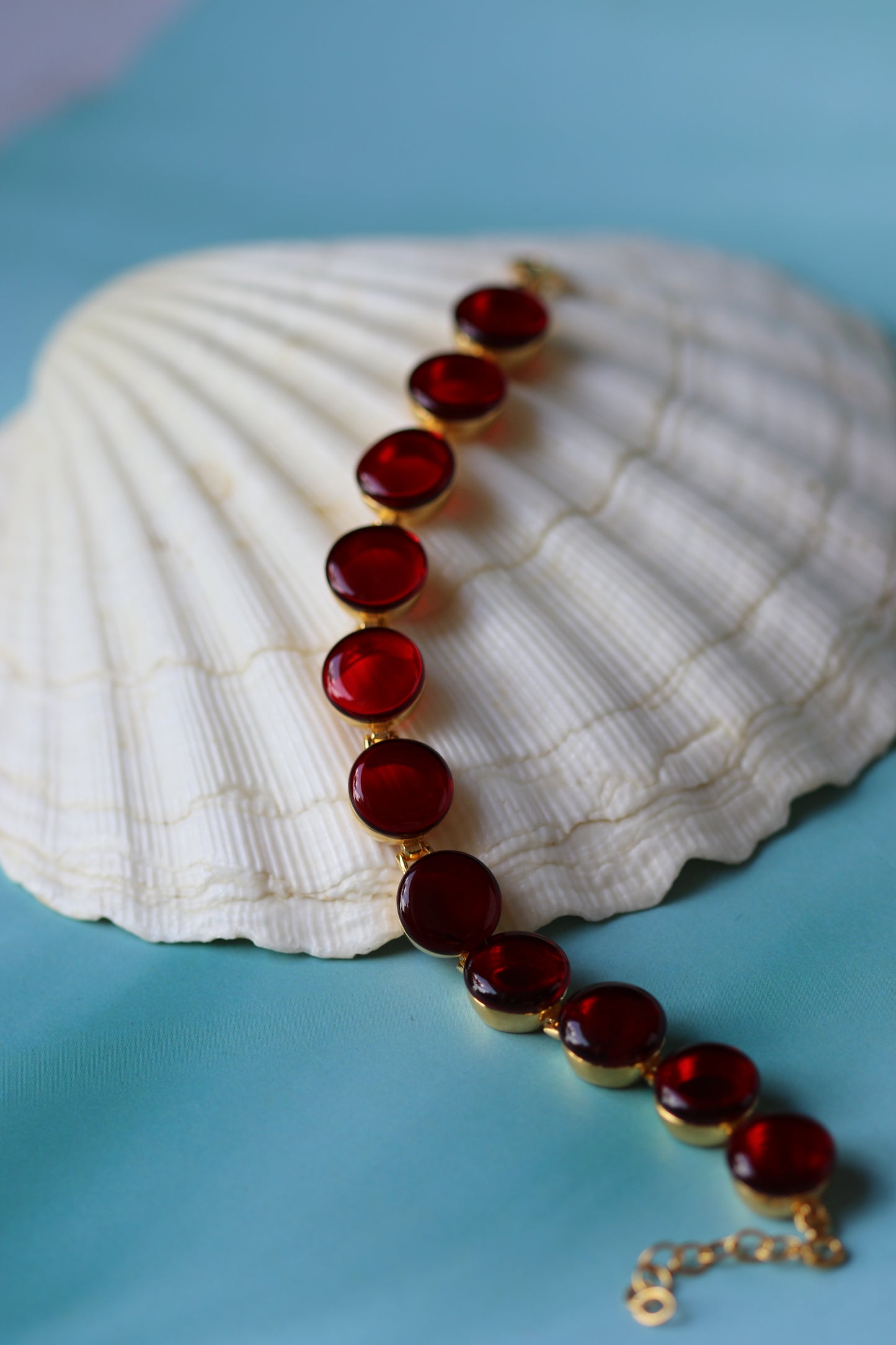 Big Round Blood/ Red Amber Bracelet in Gold Plated Silver