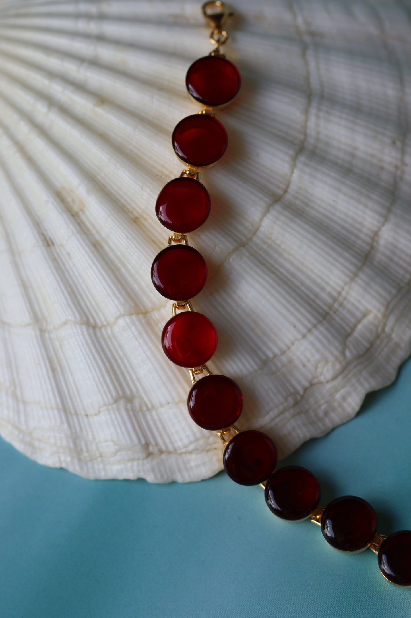 Big Round Blood/ Red Amber Bracelet in Gold Plated Silver