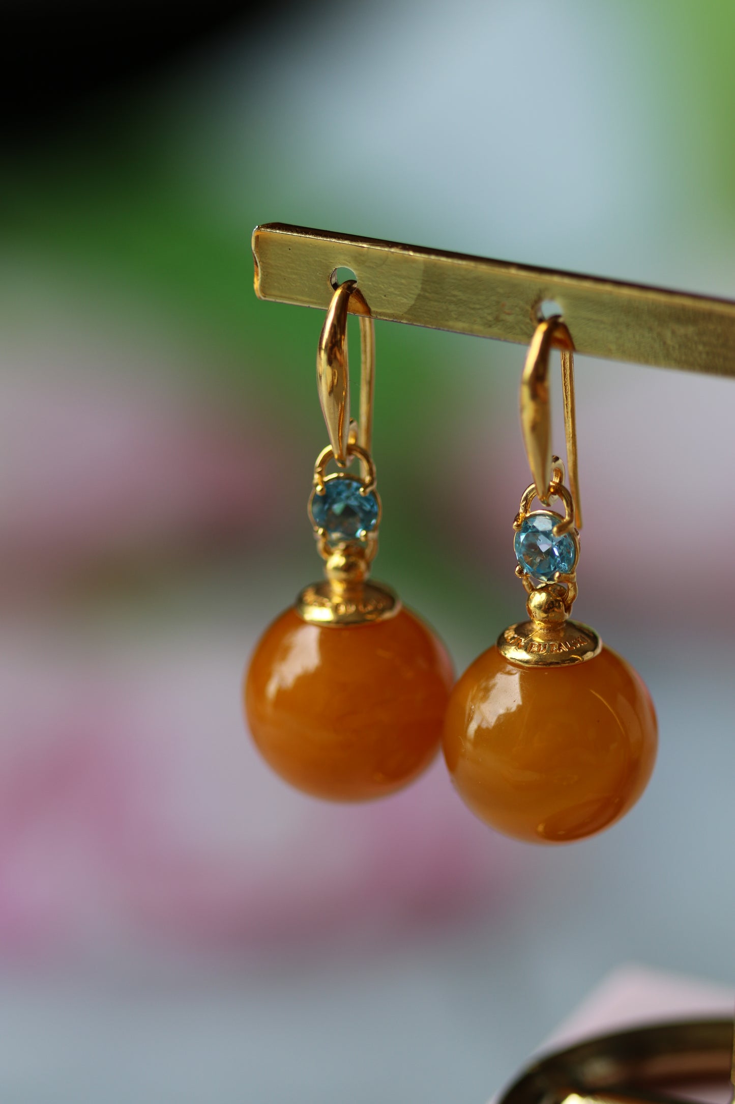 Big Round Old German Dangling Earrings with Faceted Blue Topaz and Gold Plated Silver