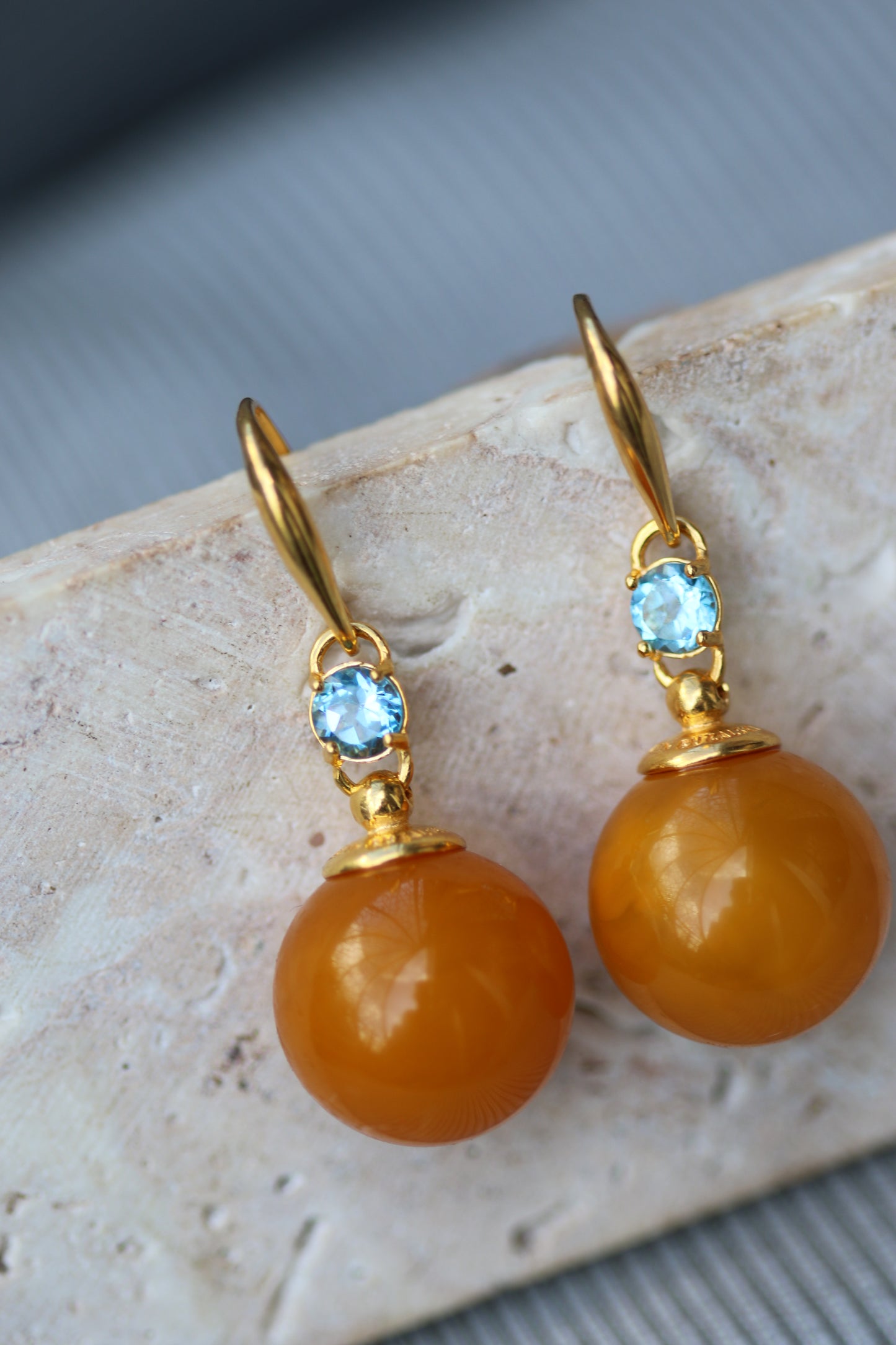 Big Round Old German Dangling Earrings with Faceted Blue Topaz and Gold Plated Silver