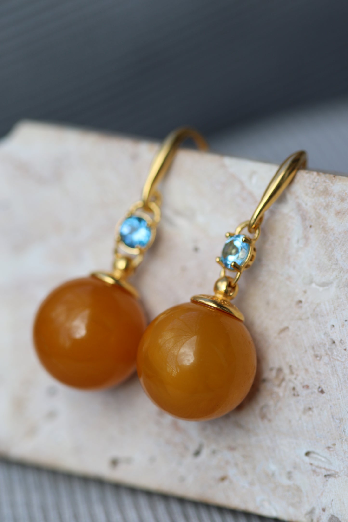 Big Round Old German Dangling Earrings with Faceted Blue Topaz and Gold Plated Silver