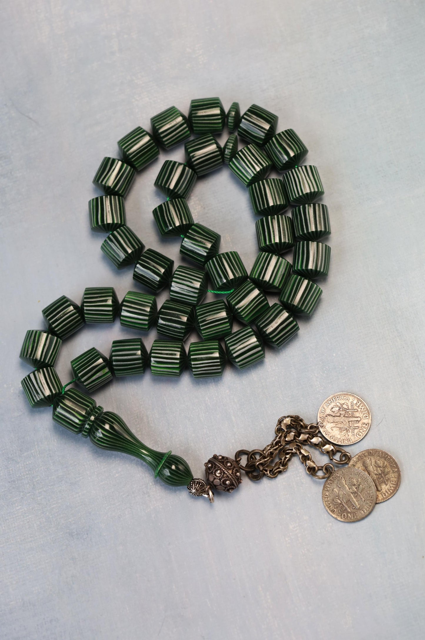 Dark Green 'Watermelon' Striped French Galalith Tasbih 37 Beads