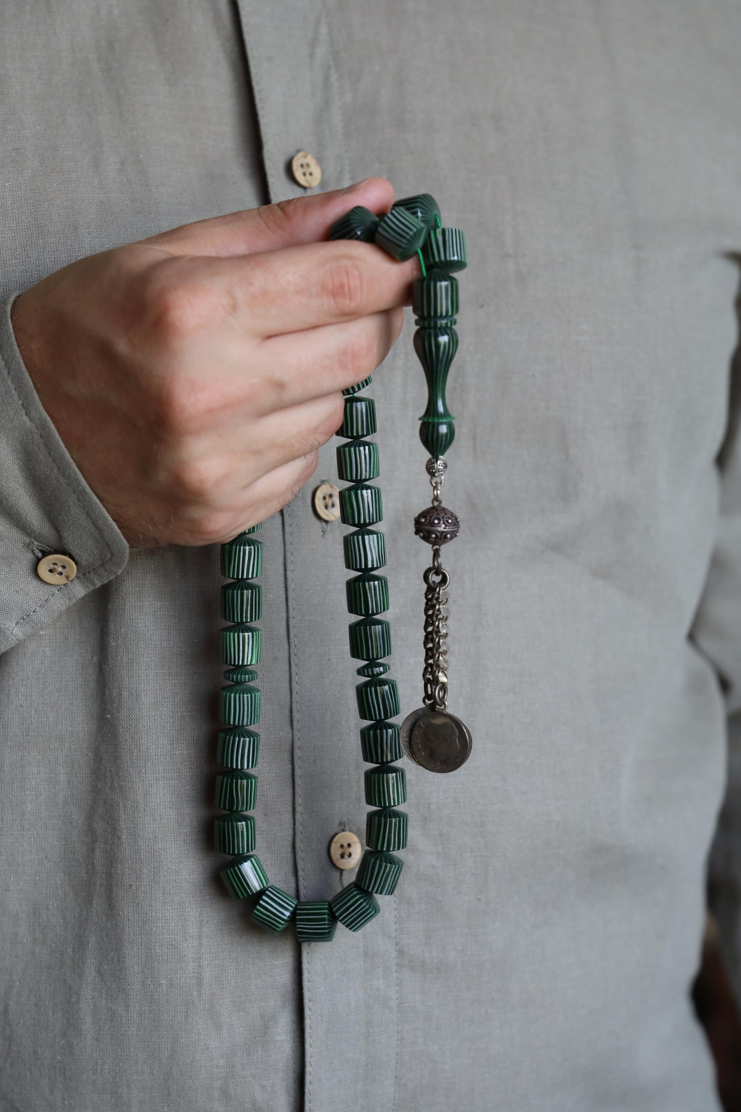 Dark Green 'Watermelon' Striped French Galalith Tasbih 37 Beads