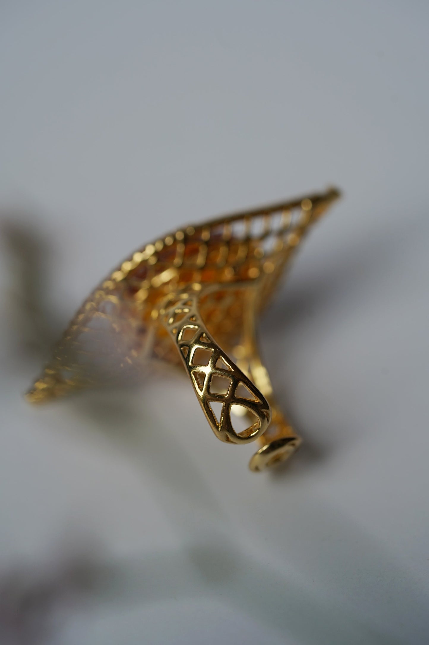 Marquise Shape Ring with Natural Cognac Amber and Cubic Zirconias in Gold Plated Silver