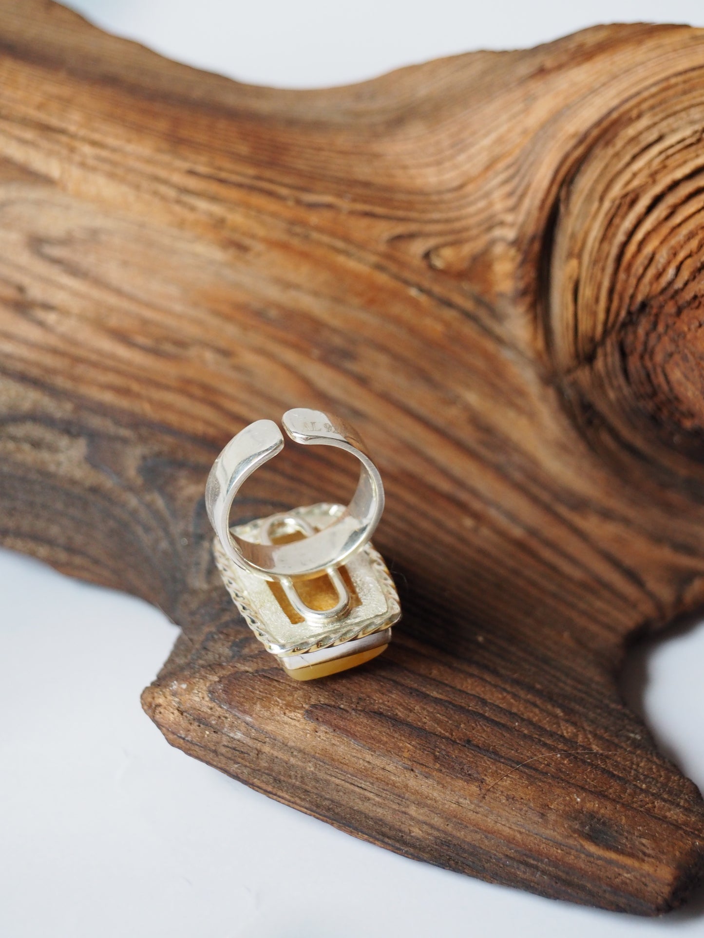 Rectangular Butterscotch Amber Ring with Royal White Inclusion