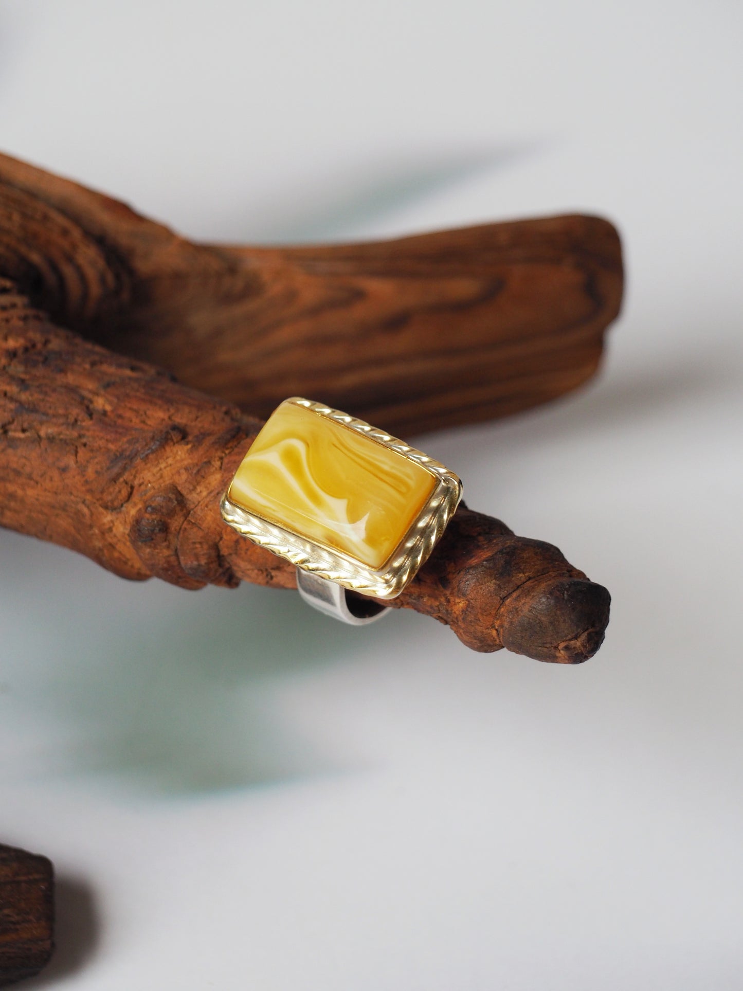 Rectangular Butterscotch Amber Ring with Royal White Inclusion