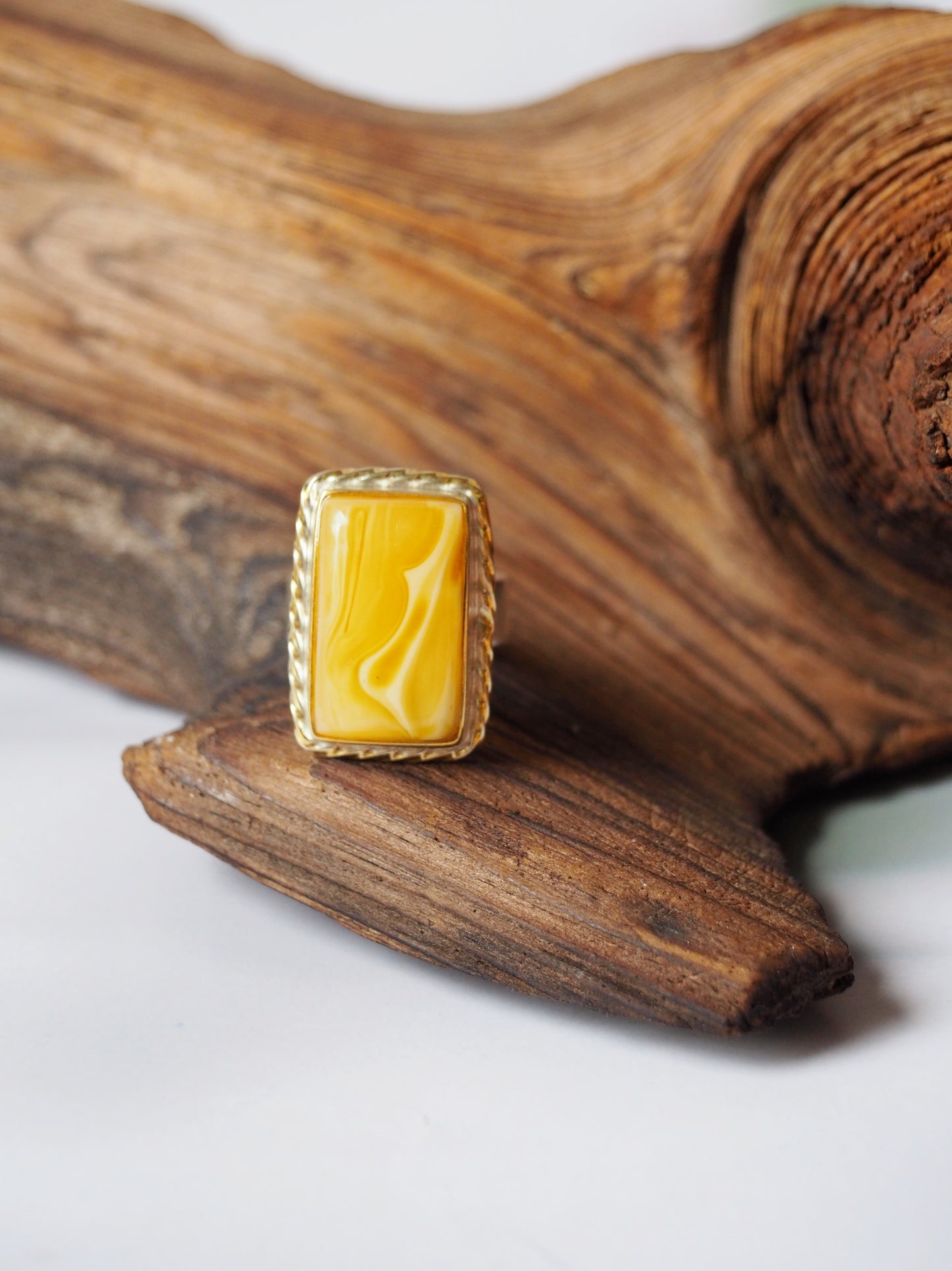 Rectangular Butterscotch Amber Ring with Royal White Inclusion