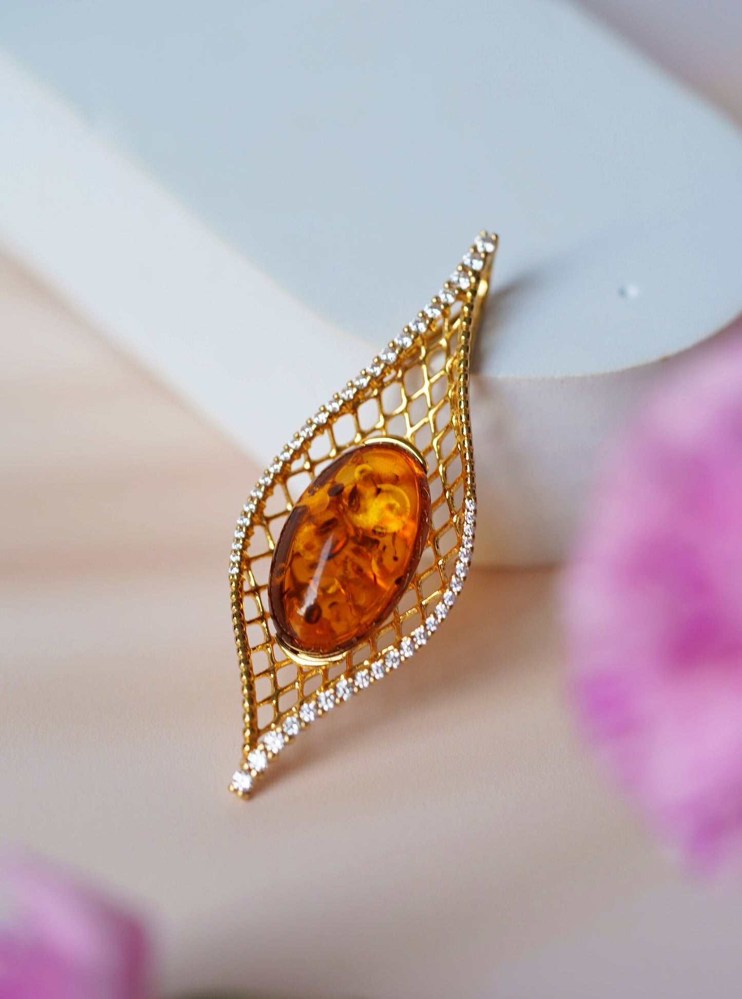 Marquise Shape Pendant with Natural Cognac Amber and Cubic Zirconias in Gold Plated Silver