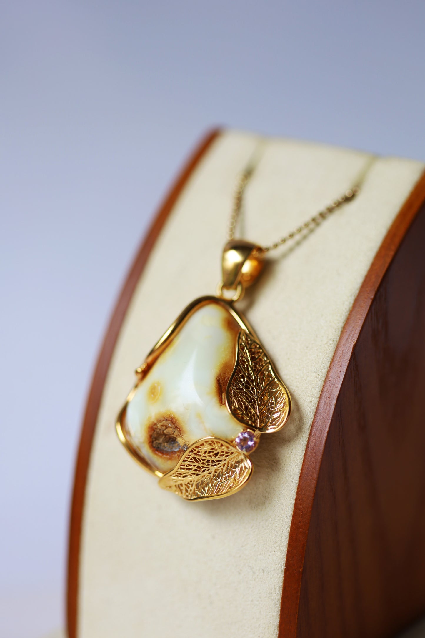 Natural Royal White Amber Pendant in Gold Plated Silver with Amethyst