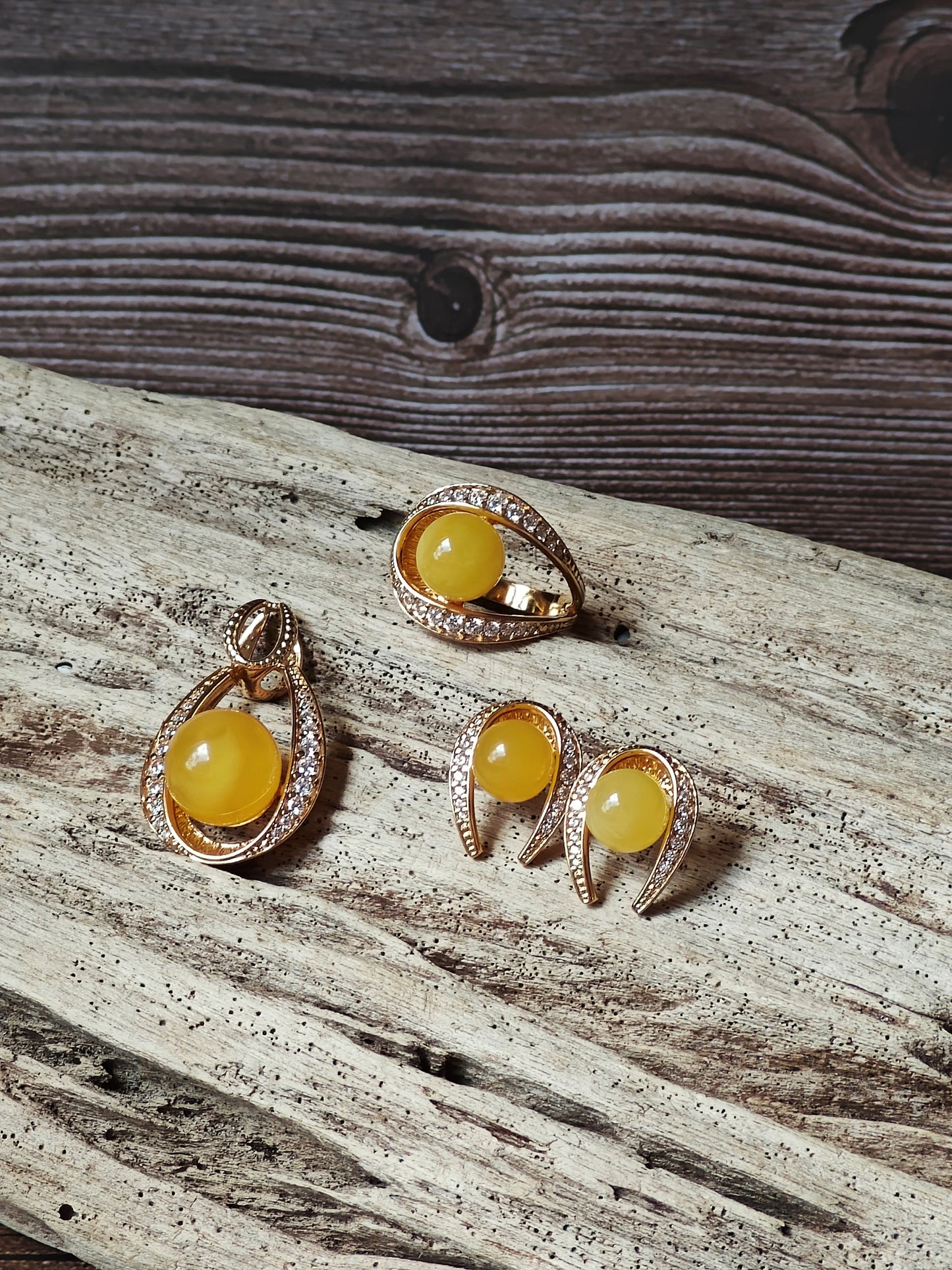 Butterscotch Amber Pendant with Cubic Zirconia in Gold Plated Silver