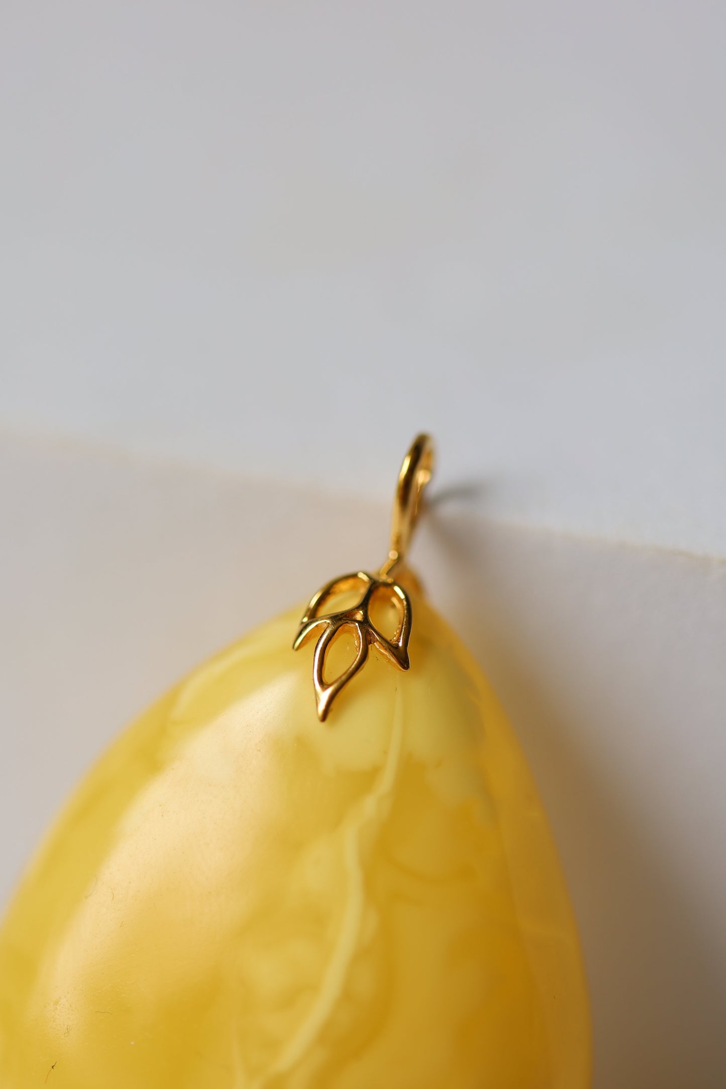 Natural Milk Amber Teardrop Shape Pendant in 14 Carat Gold