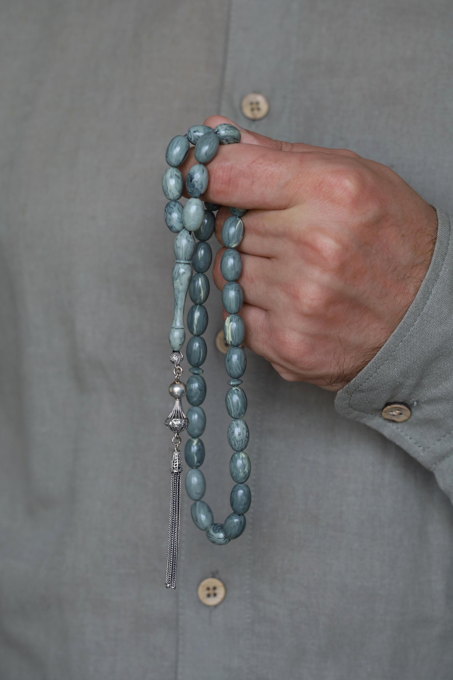Cloudy Grey "Chernobyl" Bakelite Misbah 33 Beads