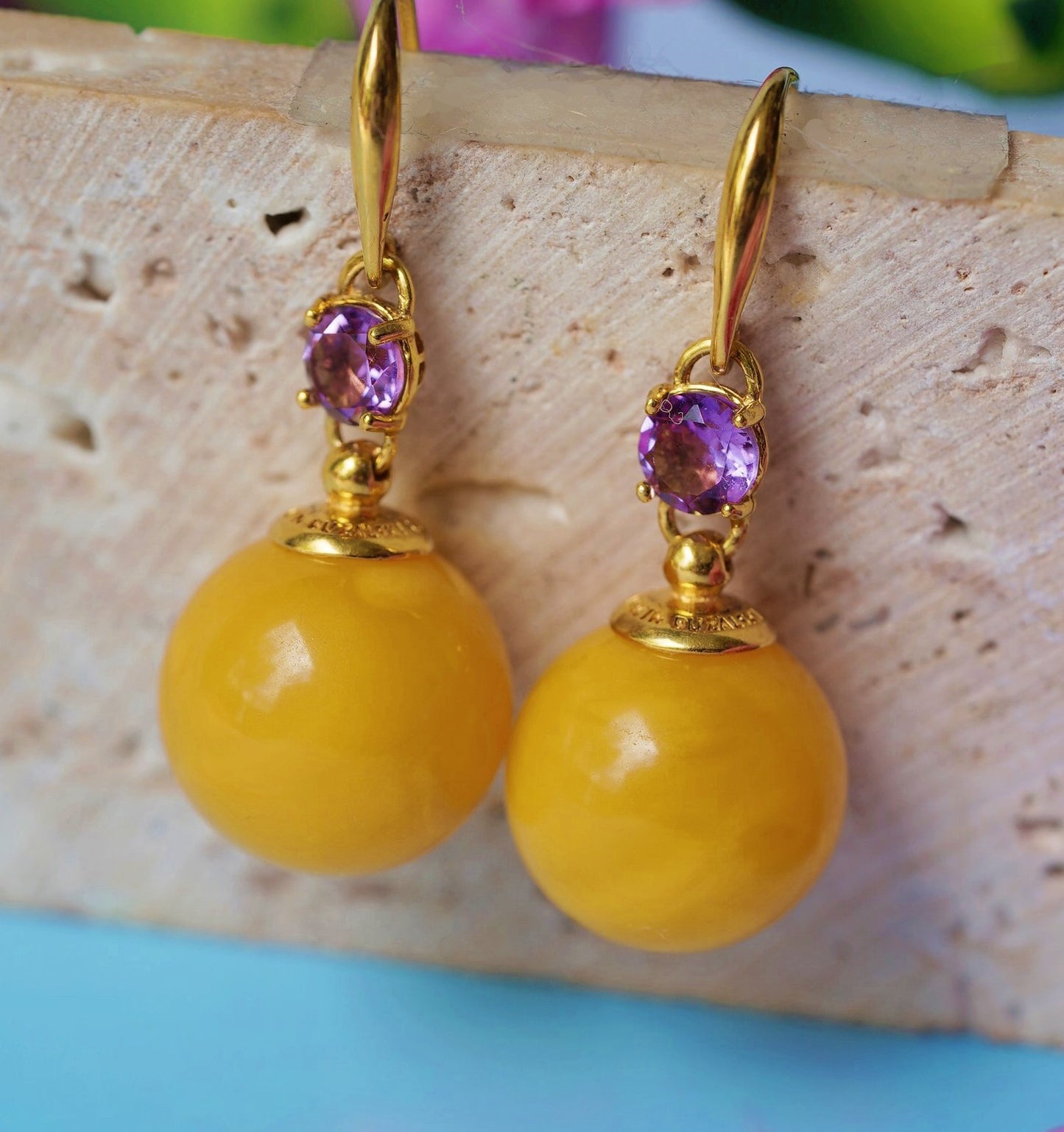 Big Round Butterscotch Dangling Earrings with Amethysts in Gold Plated Silver