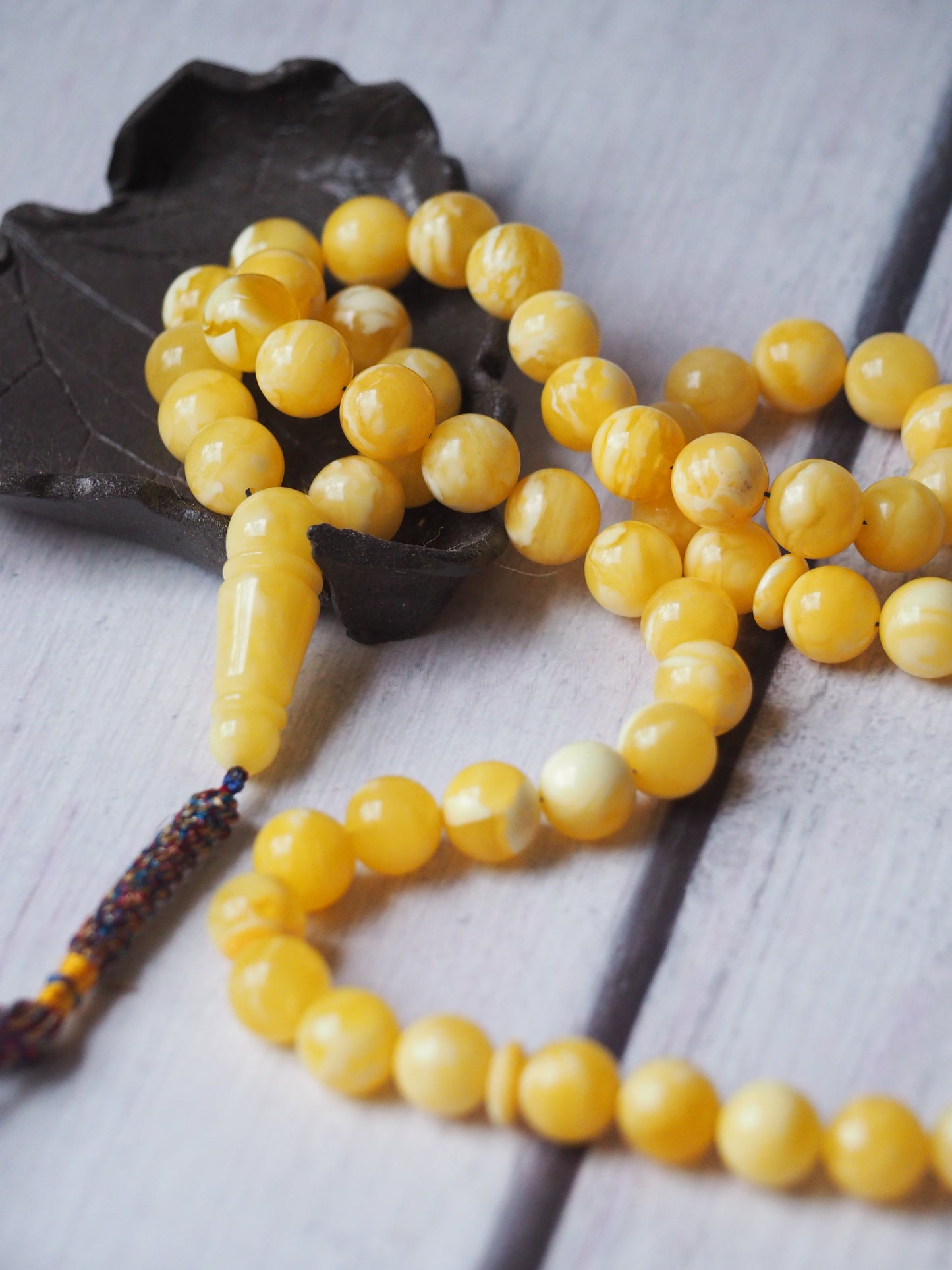Newly Crafted Light Milk & Tiger Pattern Amber Tasbih – 66 Beads | 9.5 mm | with Horse Charm