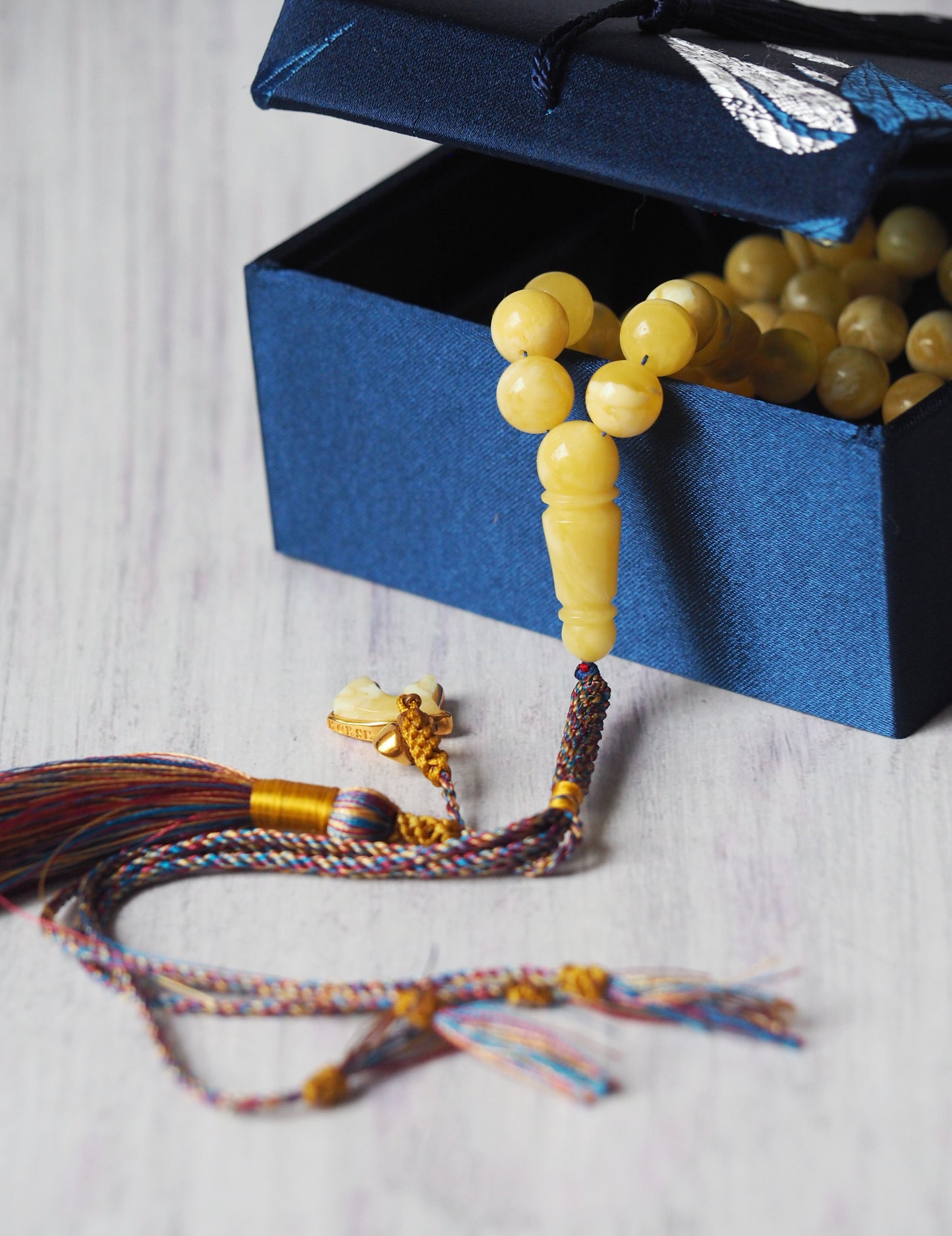 Newly Crafted Light Milk & Tiger Pattern Amber Tasbih – 66 Beads | 9.5 mm | with Horse Charm