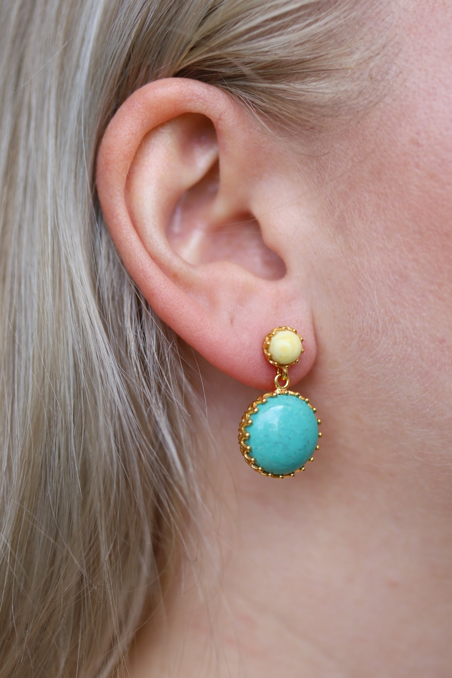 Milk Amber and Iranian Turquoise Dangling Earrings in Gold Plated Silver 925